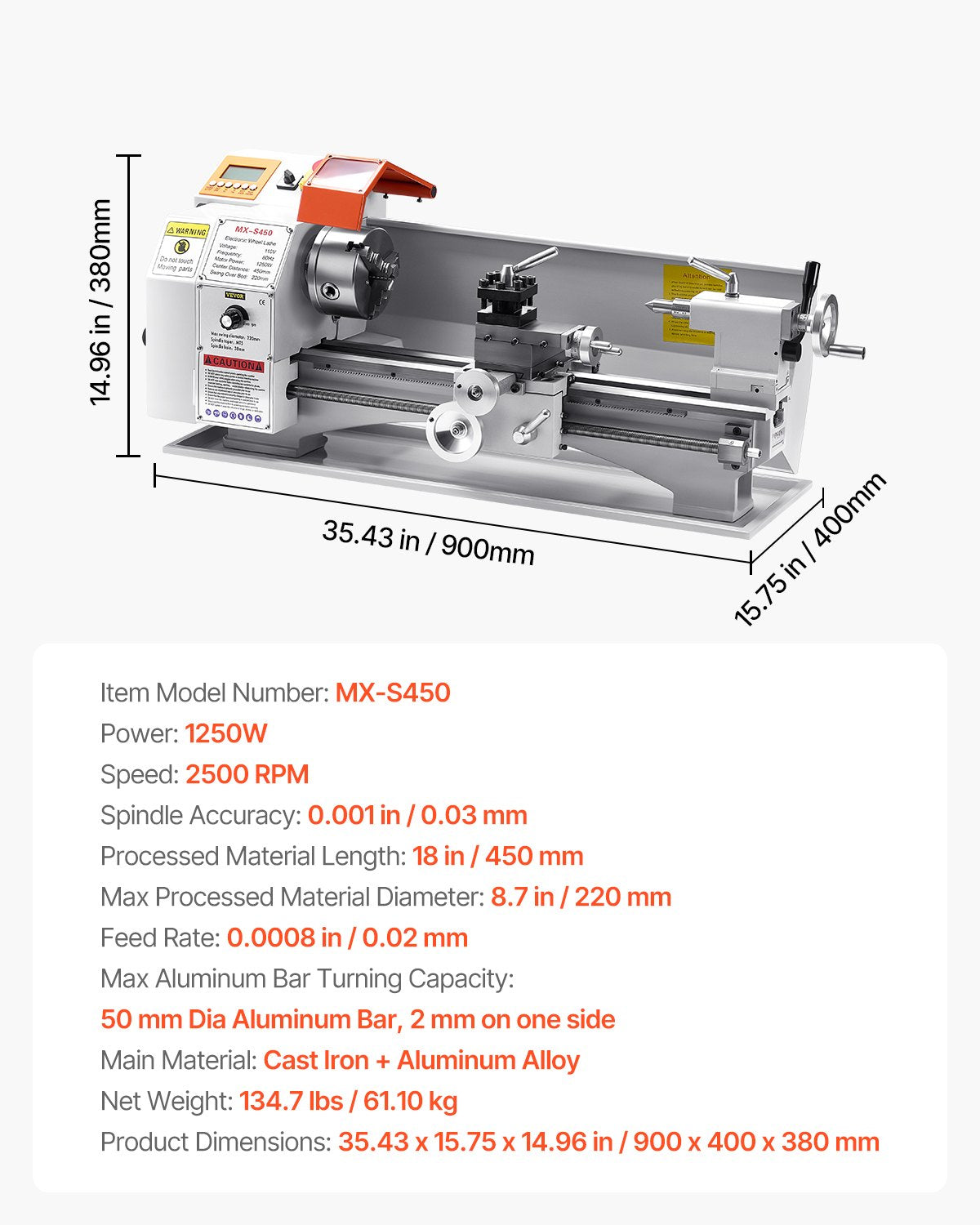 Metal Lathe Machine, 220 x 450 mm(8.7 x 18 in), Precision Bench Power Metal Lathe, Automatic Feed, 0-2500 RPM Variable Speed, 1250W Brushless Motor, for Processing Precision Parts Soft Metals Wood Plastics