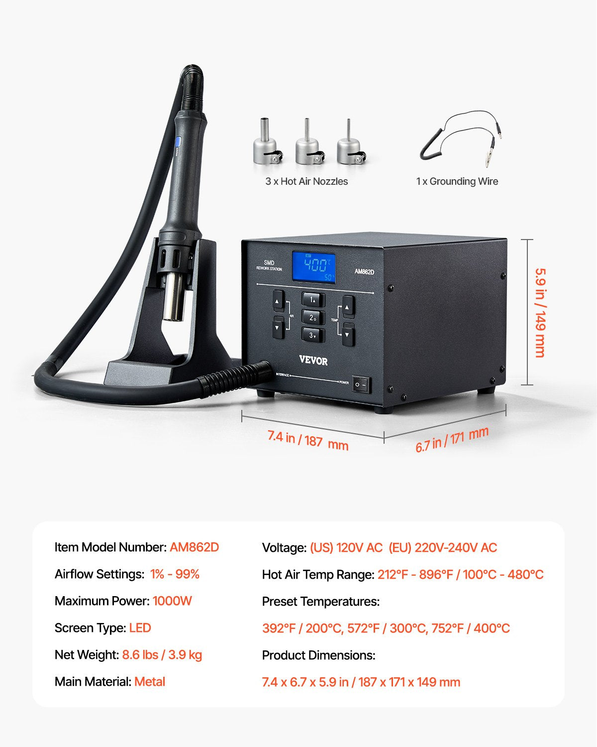 Varmluftsstation, 1000W digital SMD-omarbetningsstation, 212℉-896℉ varmluftspistol med 99-nivå justerbart luftflöde, 3 förinställda kanaler och 3 varmluftsmunstycken för chipdemontering, elektronikreparation