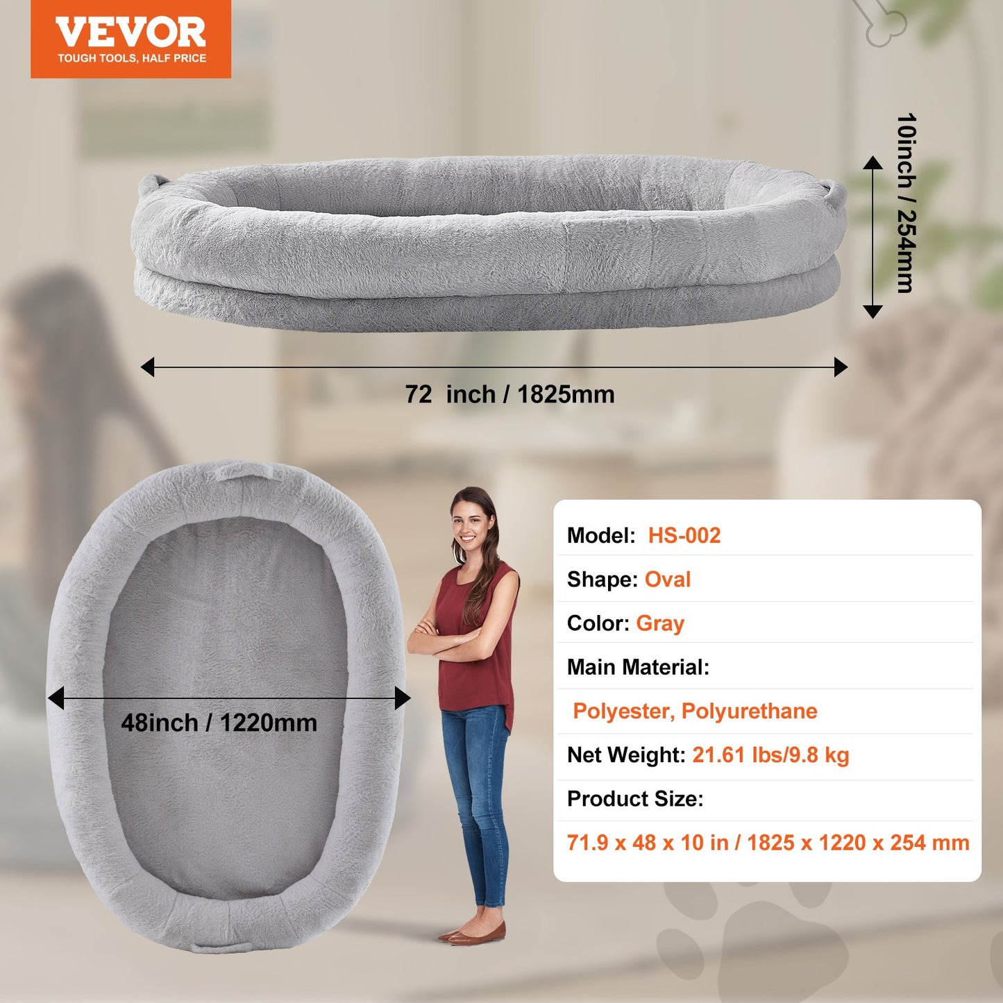 Human Dog Bed, 72" x48"x10" Human Dog Bed for Adult, Human Size Dog Bed with Washable Faux Rabbit Fur Cover, Egg Orthopedic Foam, Storage Pocket, Large Dog Bean Bed, Light Grey