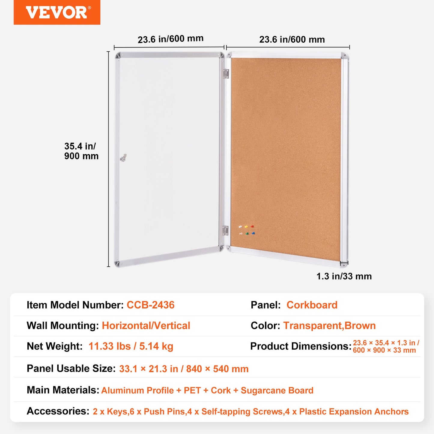 36"x24" Enclosed Cork Board with Aluminum Frame – Lockable Bulletin Board with Acrylic Door & 2 Keys – Weather-Resistant Wall Display Case for School, Home, Office