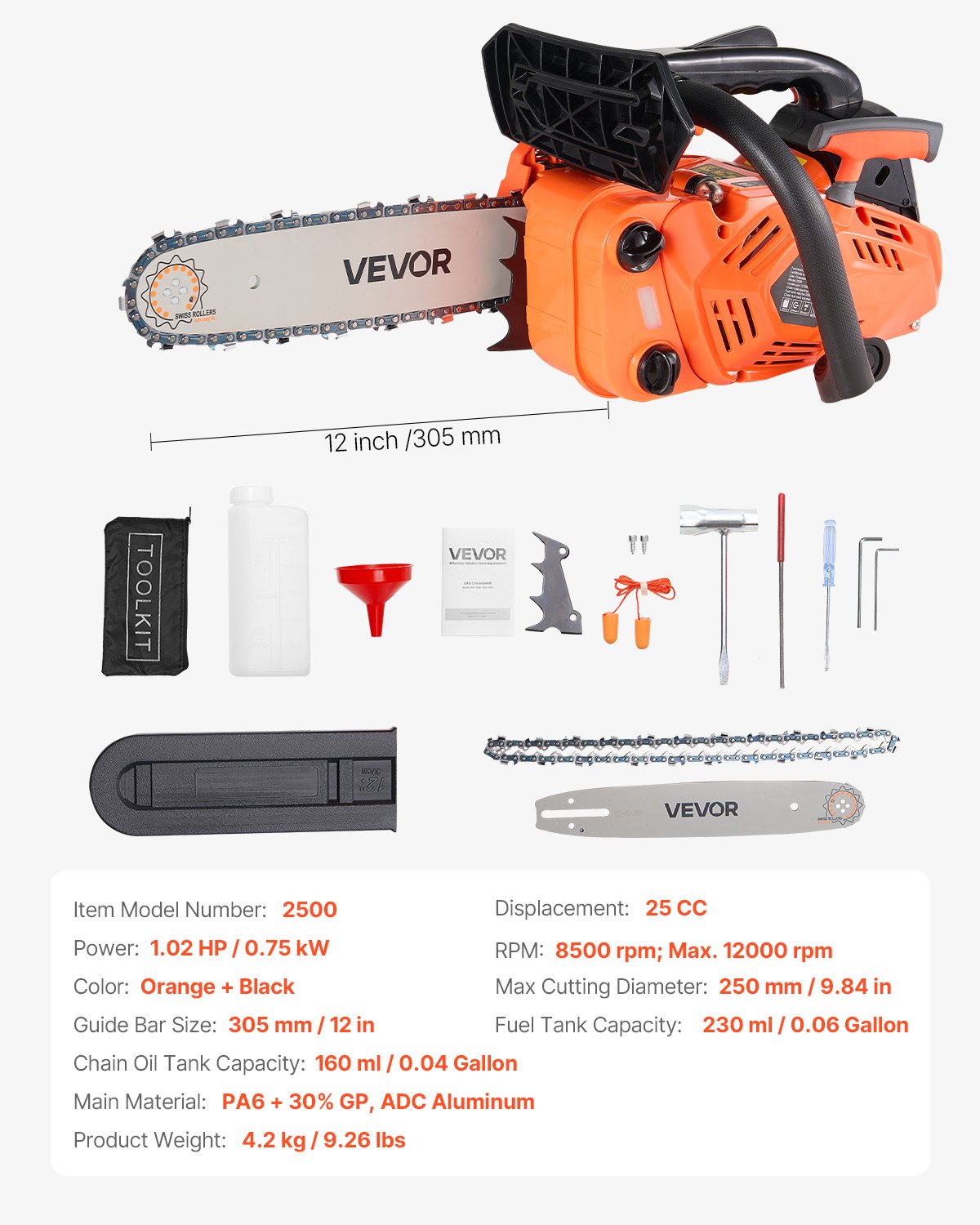 25 cc Gas Chainsaw, 12 inch Gas Powered Chainsaw, 1.02 HP Power Chain Saw with Non-Slip Handle, Gas-Powered Chainsaws with Dual Fuel Tanks, For Wood Cutting, Tree Trimming, and Land Clearing