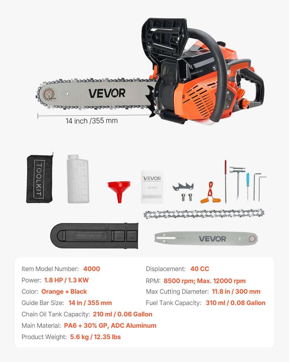 40 cc bensindriven motorsåg, 14 tums bensindriven motorsåg, 1,8 hk motorsåg med halkfritt handtag, bensindrivna motorsågar med dubbla bränsletankar, för vedkapning, trädbeskärning och markröjning