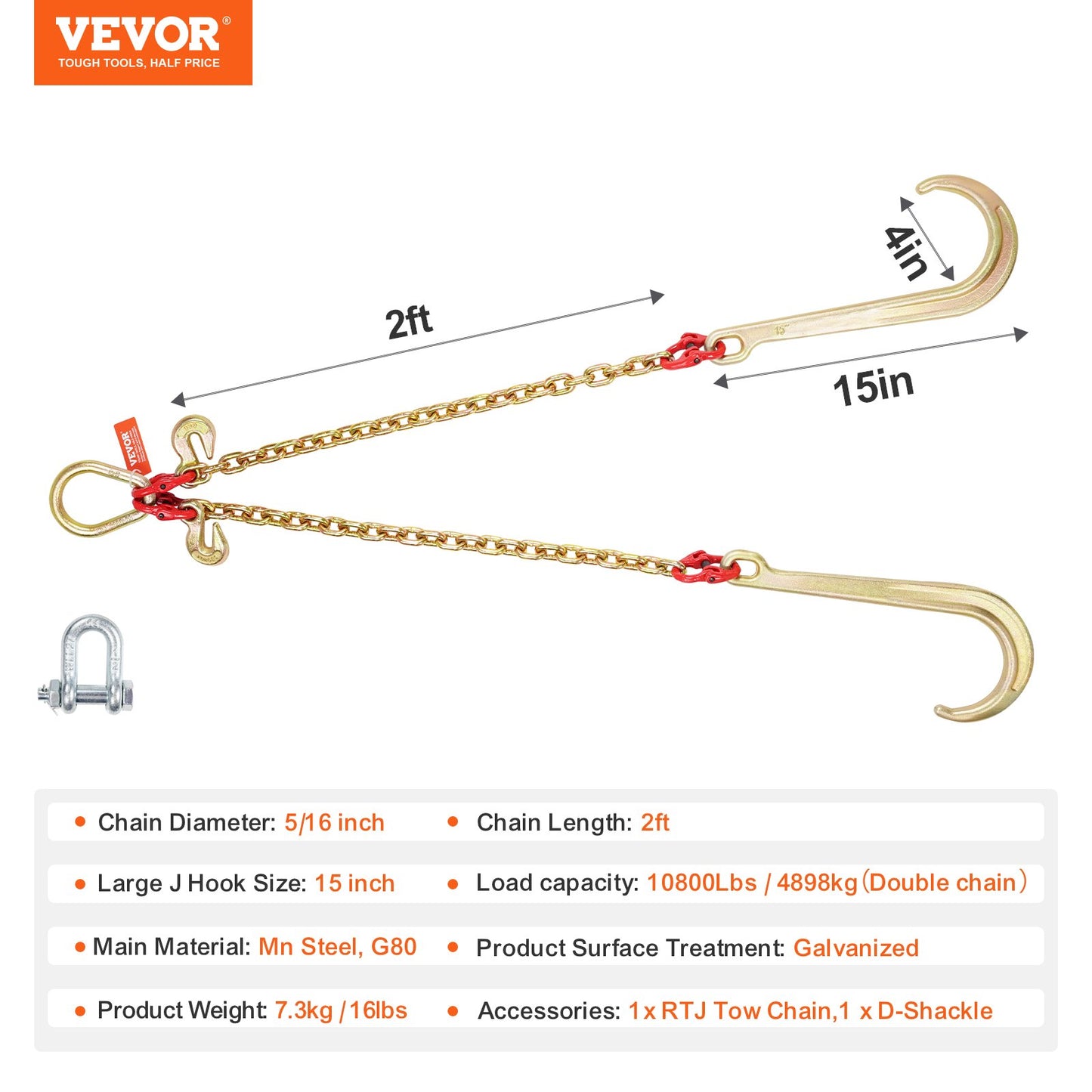 G80 V Bridle Chain, 5/16" x 2' Towing Chain Bridle with 15" J Hooks and Grab Hooks, Heavy Duty Transport Tow Chain Bridle with 10800 lbs Safe Working Load for Flatbed Truck Wrecker Recovery