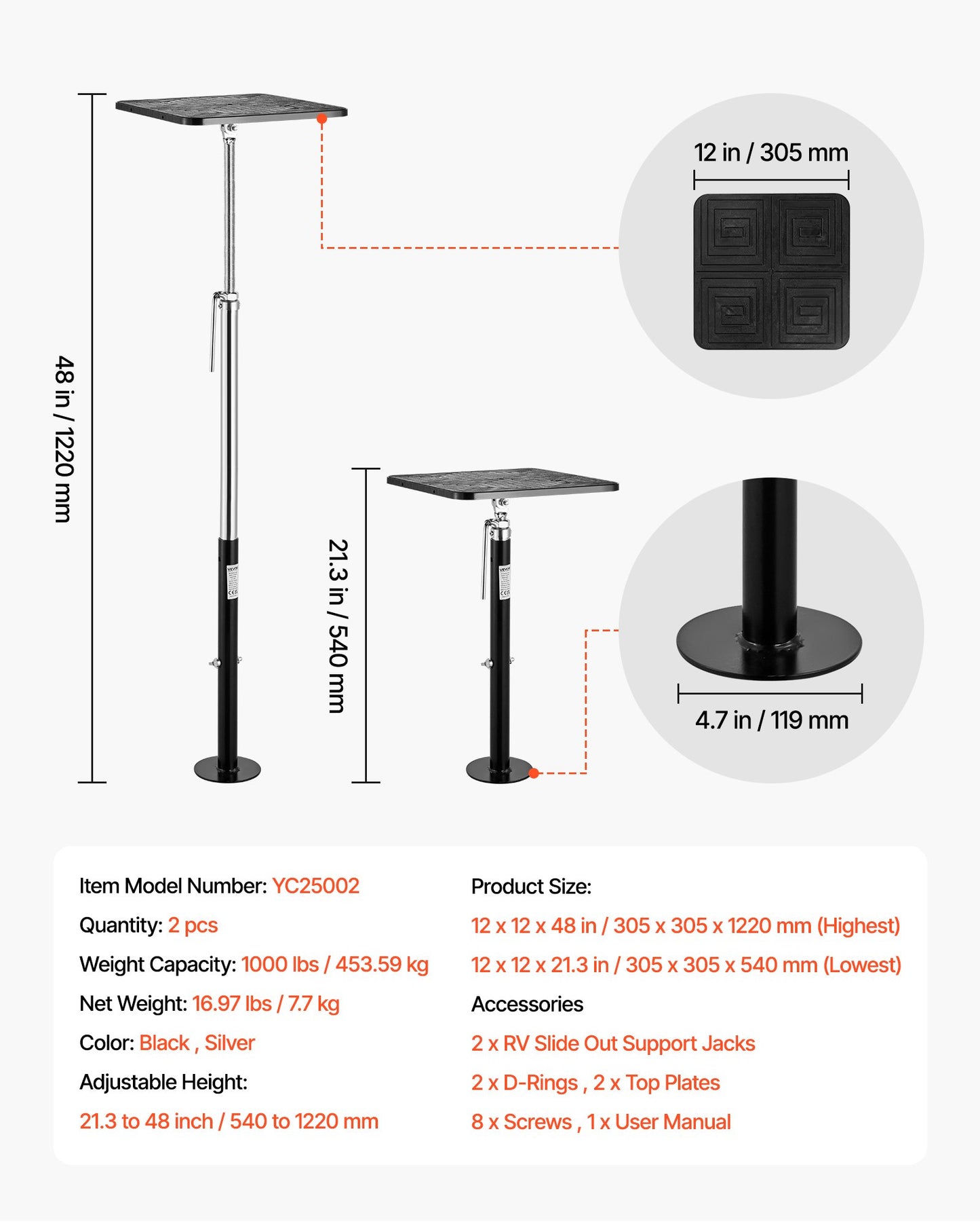 RV Slide Out Support Jack, 2 PCS Camper Slide-Out Leveling Jack, Powder-Coated Steel Support Jacks for RV, Camper, Travel Trailer, Supports Up to 453.59kg, Adjustable from 541.02 to 48 1219.2mm
