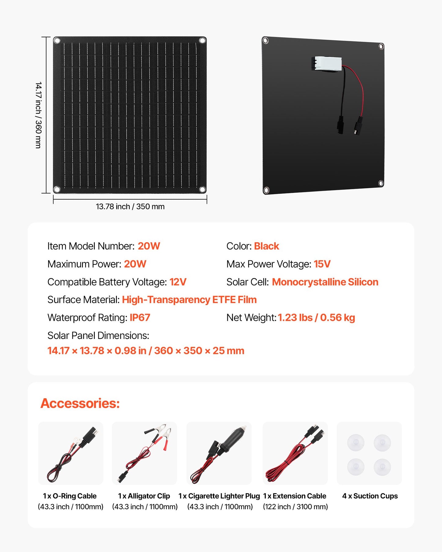 20W 12V Solar Panel Battery Charger, Solar Battery Trickle Charger Maintainer with Built-in Smart Controller & 3 Connection Cables, IP67 Waterproof Portable for RV Car Motorcycle Boat Van Camper