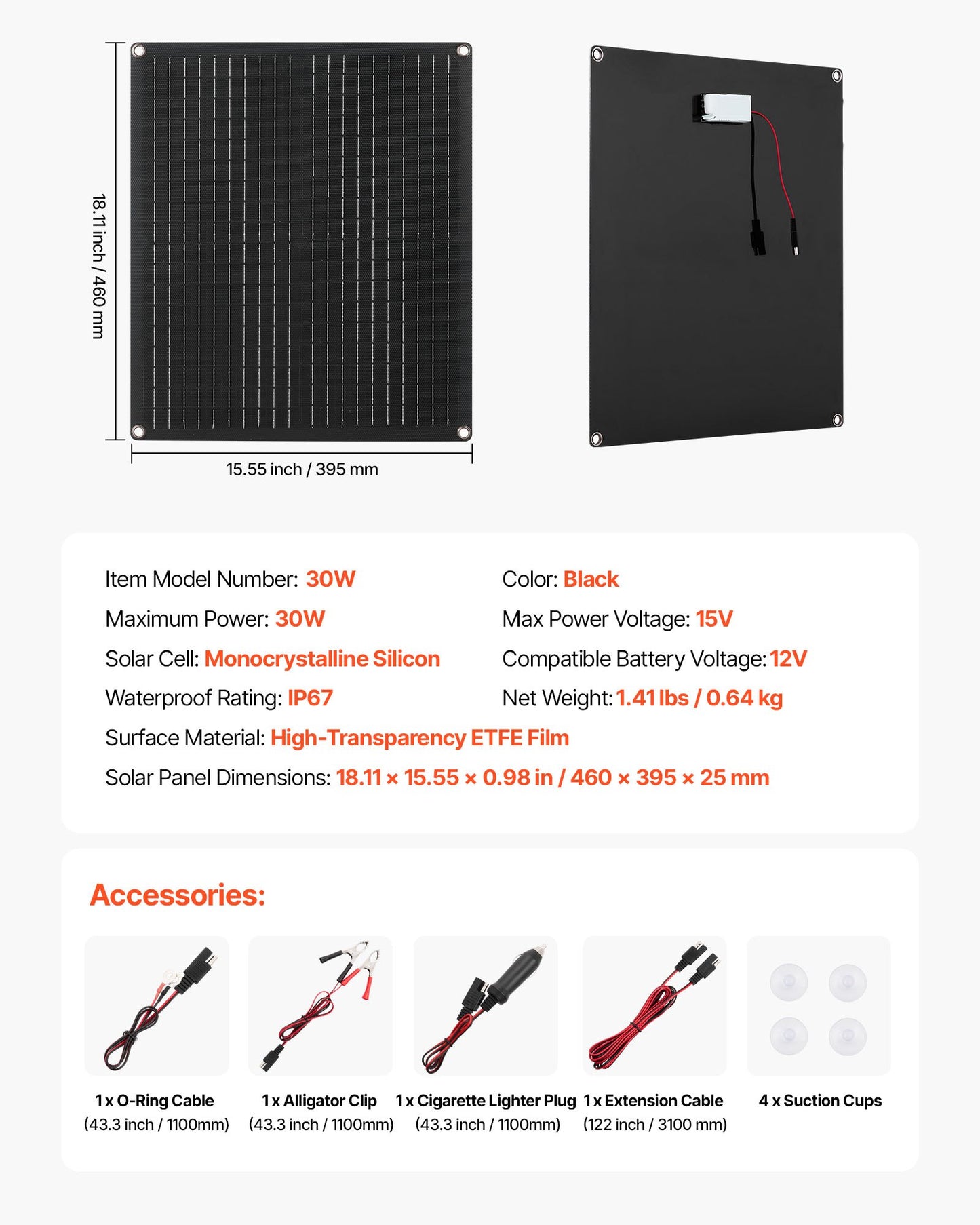 30W 12V solpanelbatteriladdare, solcellsbatteriunderhållsladdare med inbyggd smart styrenhet och 3 anslutningskablar, IP67 vattentät bärbar för husbil, motorcykel, båt, minibuss, husbil