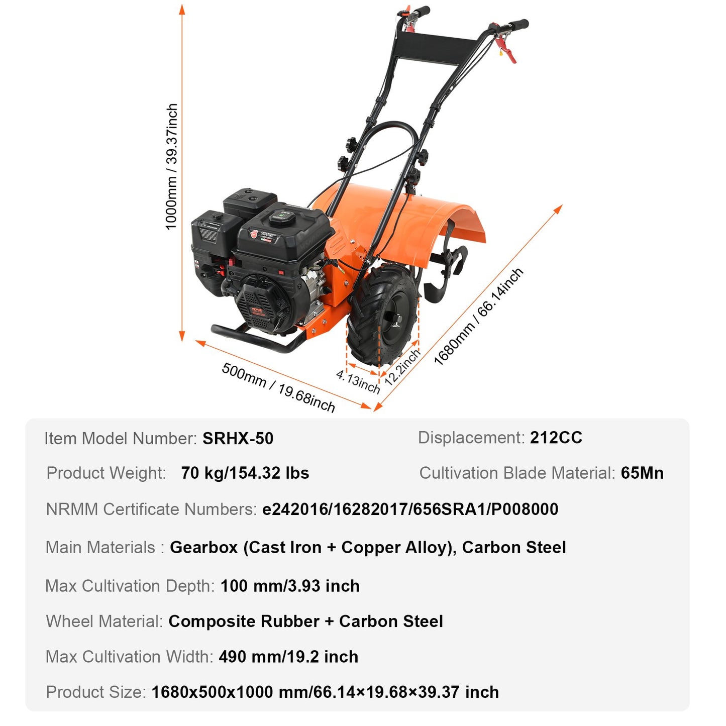 Tiller Cultivator Gas Powered, 212CC 4-Stroke Garden Cultivator, Tiller with 4 Steel Adjustable Rear Tines for Lawn, Garden and Field Soil Cultivation