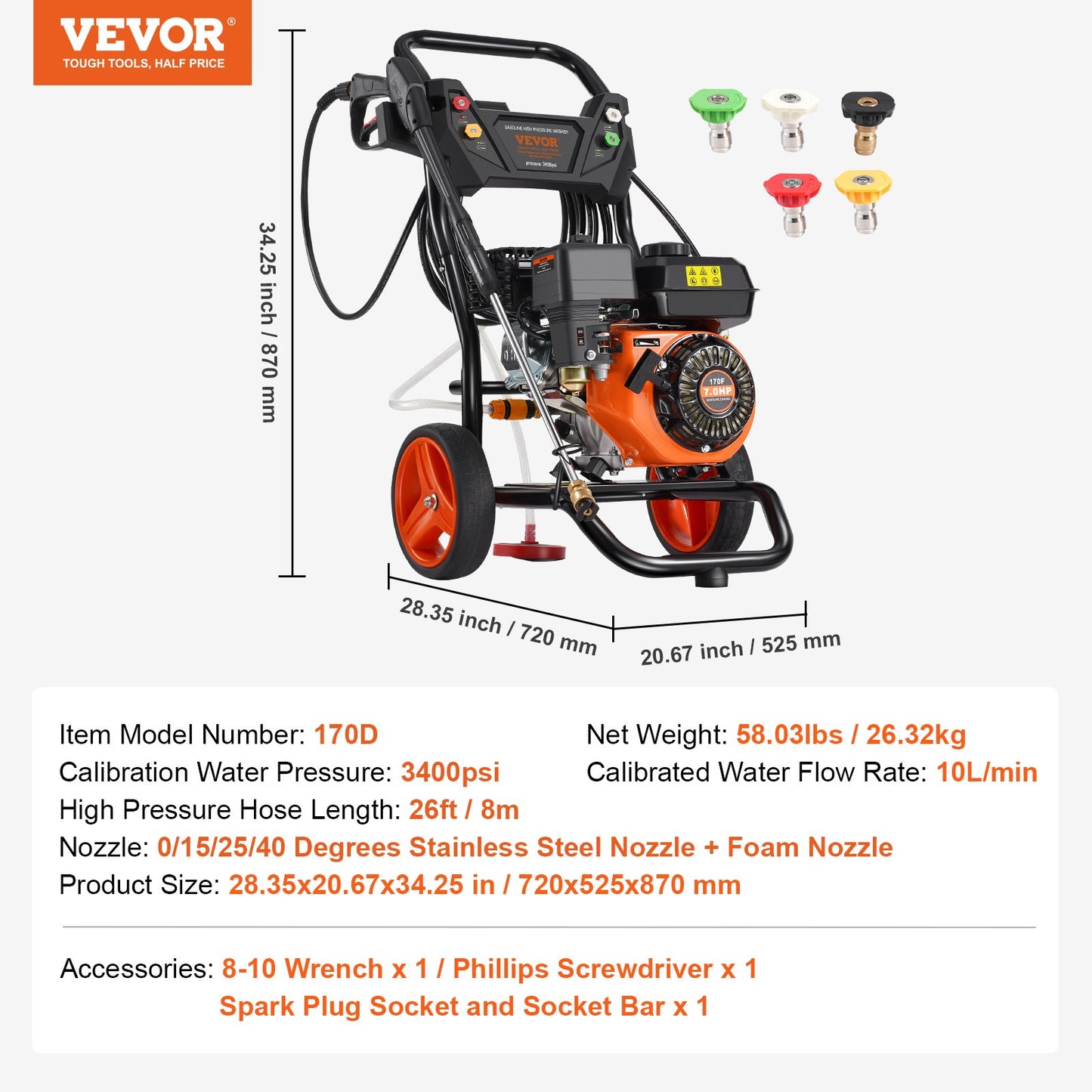 Gas Pressure Washer, 3400 PSI 2.6 GPM, Gas Powered Pressure Washer 10L/min with Aluminum Pump, Spray Gun and Extension Wand, 5 Nozzle Set, for Cars, Fences, Homes, Driveways, Patios, Vertical
