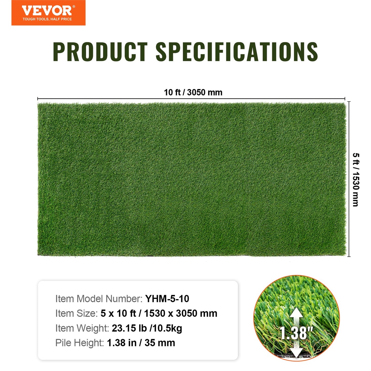 Artifical Grass, 5 x 10 ft Rug Green Turf, 1.38"Fake Door Mat Outdoor Patio Lawn Decoration, Easy to Clean with Drainage Holes, Perfect For Multi-Purpose Home Indoor Entryway Scraper Dog Mats