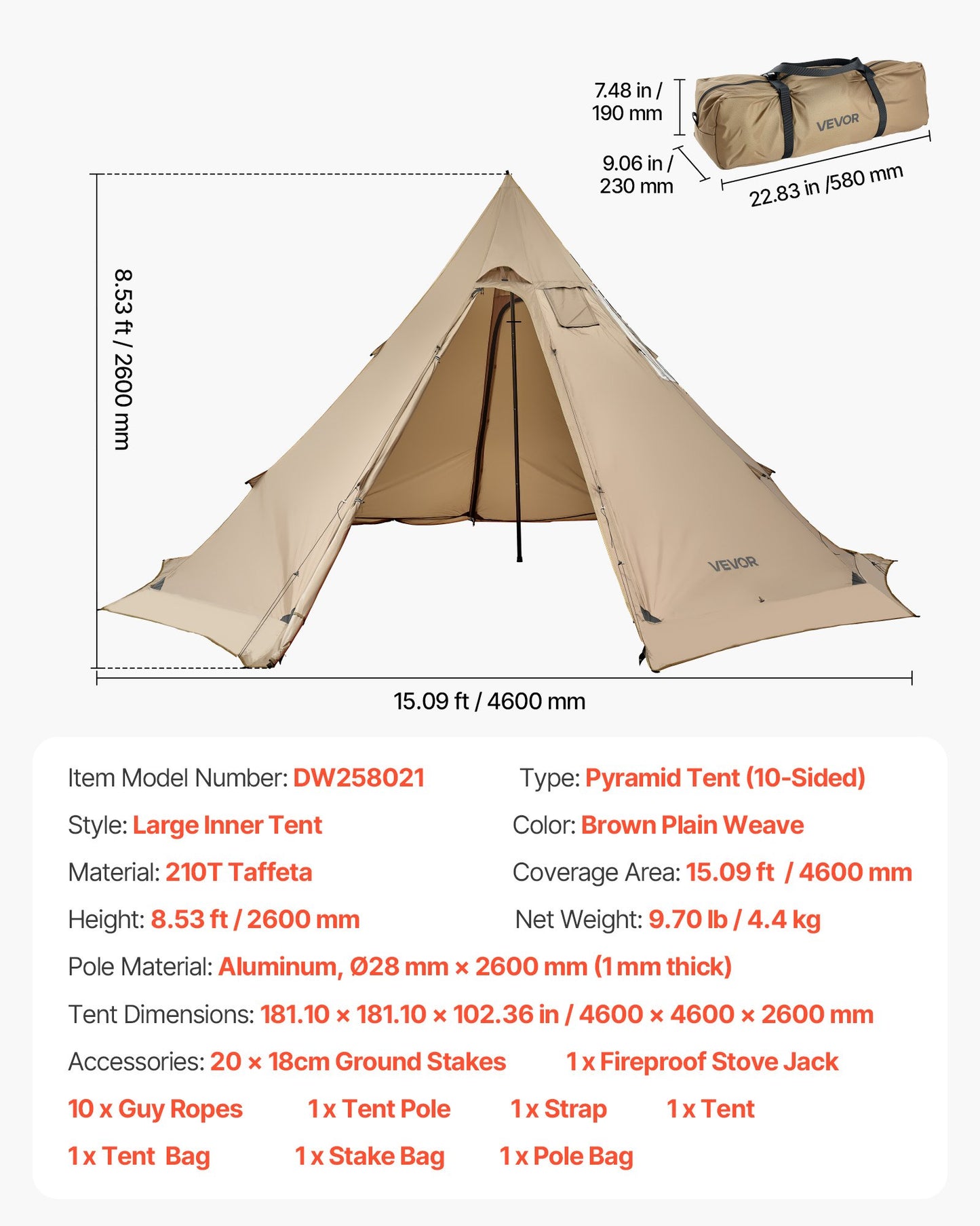 Hot Tent for 4-6 Persons, Portable Winter Tipi Tent with Stove Jack, Waterproof Canvas Camping Tents, Lightweight 4 Season Shelter Tents for Hiking Fishing Backpacking, L Size