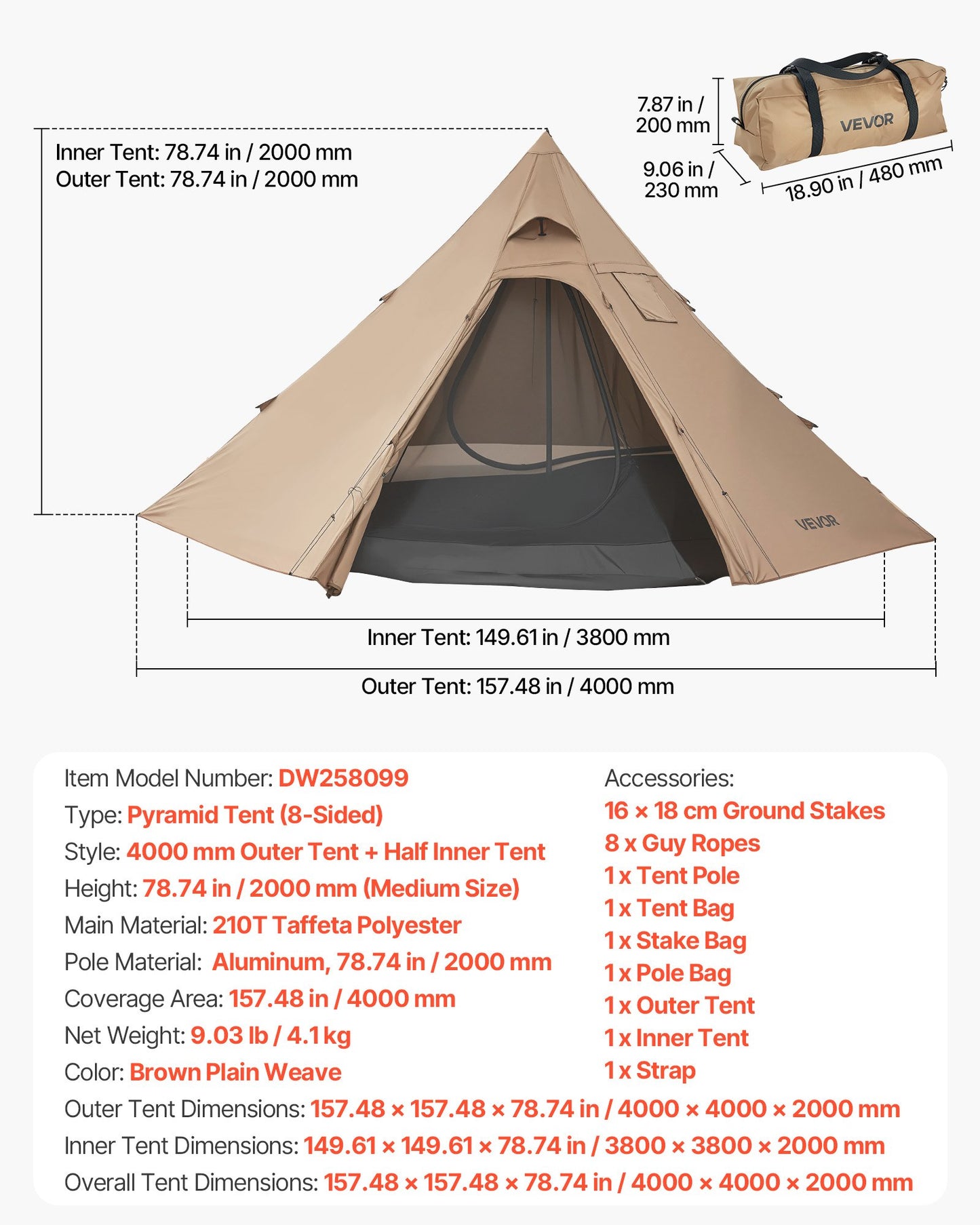 Hot Tent for 4 Persons, Camping Tipi Hot Tents with Stove Jack & Inner Tent, Portable Winter Camping Tents with Snow Skirt, Easy Setup, Waterproof 4 Season Shelter Tents for Fishing Backpacking