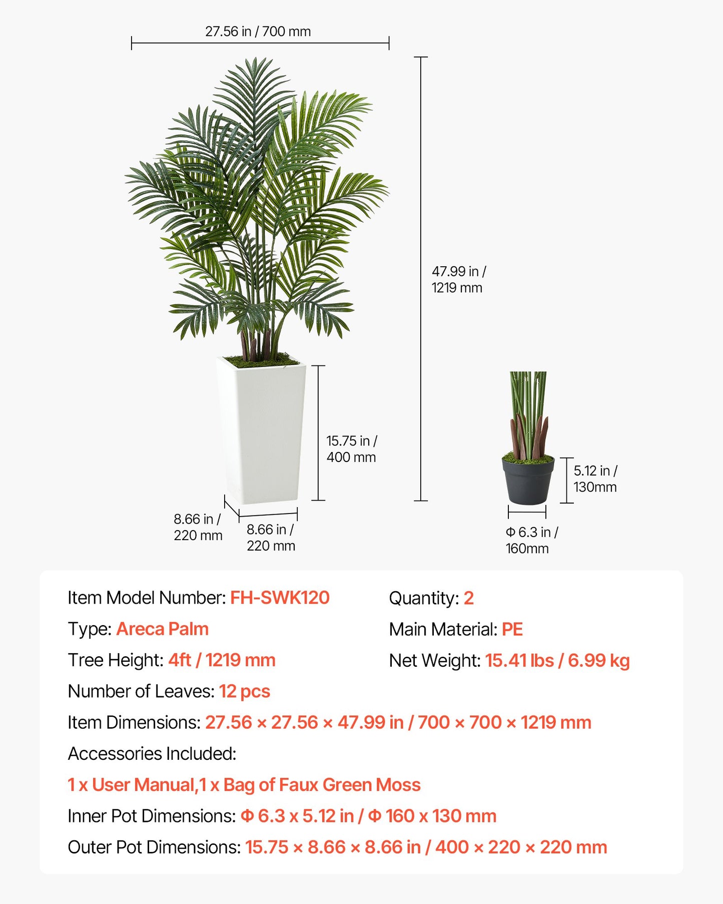 Artificial Areca Palm 1219 mm, 2 Pack Fake Palm Tropical Plants with White Tall Planter, Faux Floor Silk Plant in Pot, Large Tree for Home Office Living Room Decor House Warming, Indoor Outdoor