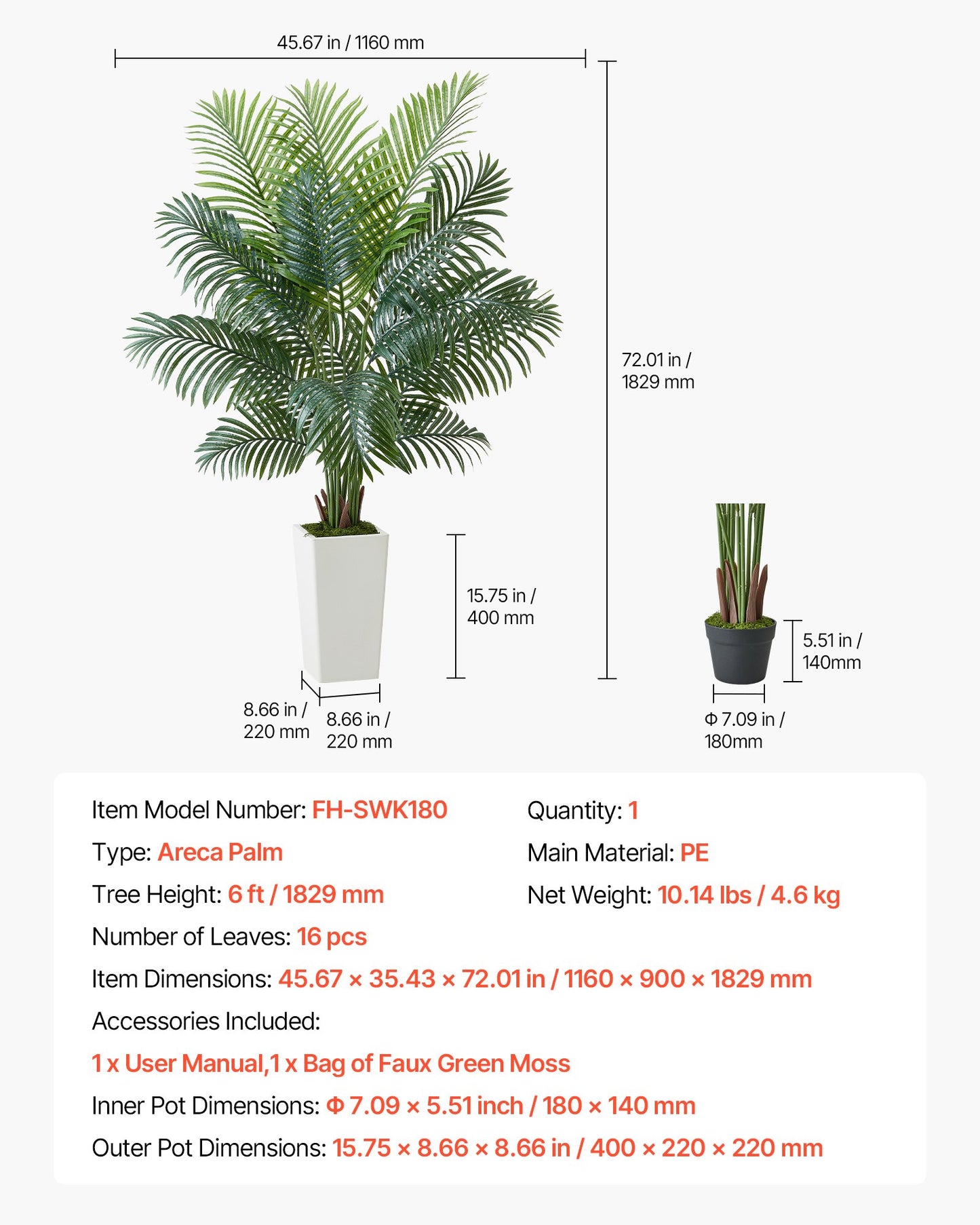 Konstgjord Arecapalm 1829 mm, Konstgjord Palm Tropiska Växter med Vit Hög Kruka, Konstgjord Golvsilkesväxt i Kruka, Stora Träd för Hemmakontor Vardagsrumsinredning Inflyttningsrum, Inomhus Utomhus