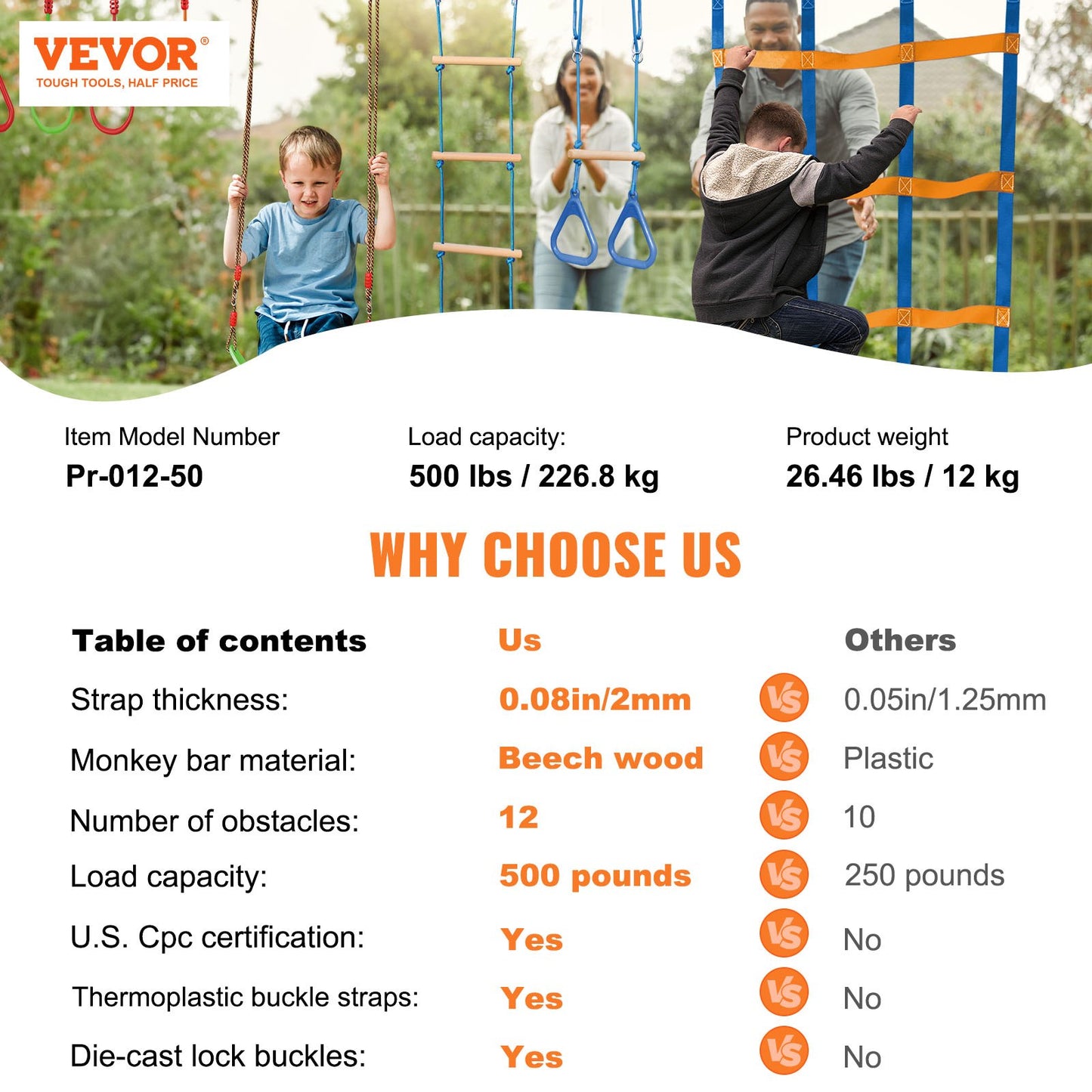 Ninja Warrior hinderbana för barn, 2 x 50 fot väderbeständiga slacklines, 500lbs viktkapacitet Monkey Line, utomhuslekutrustning, trädgårdsleksaker träningsutrustning set med 12 hinder