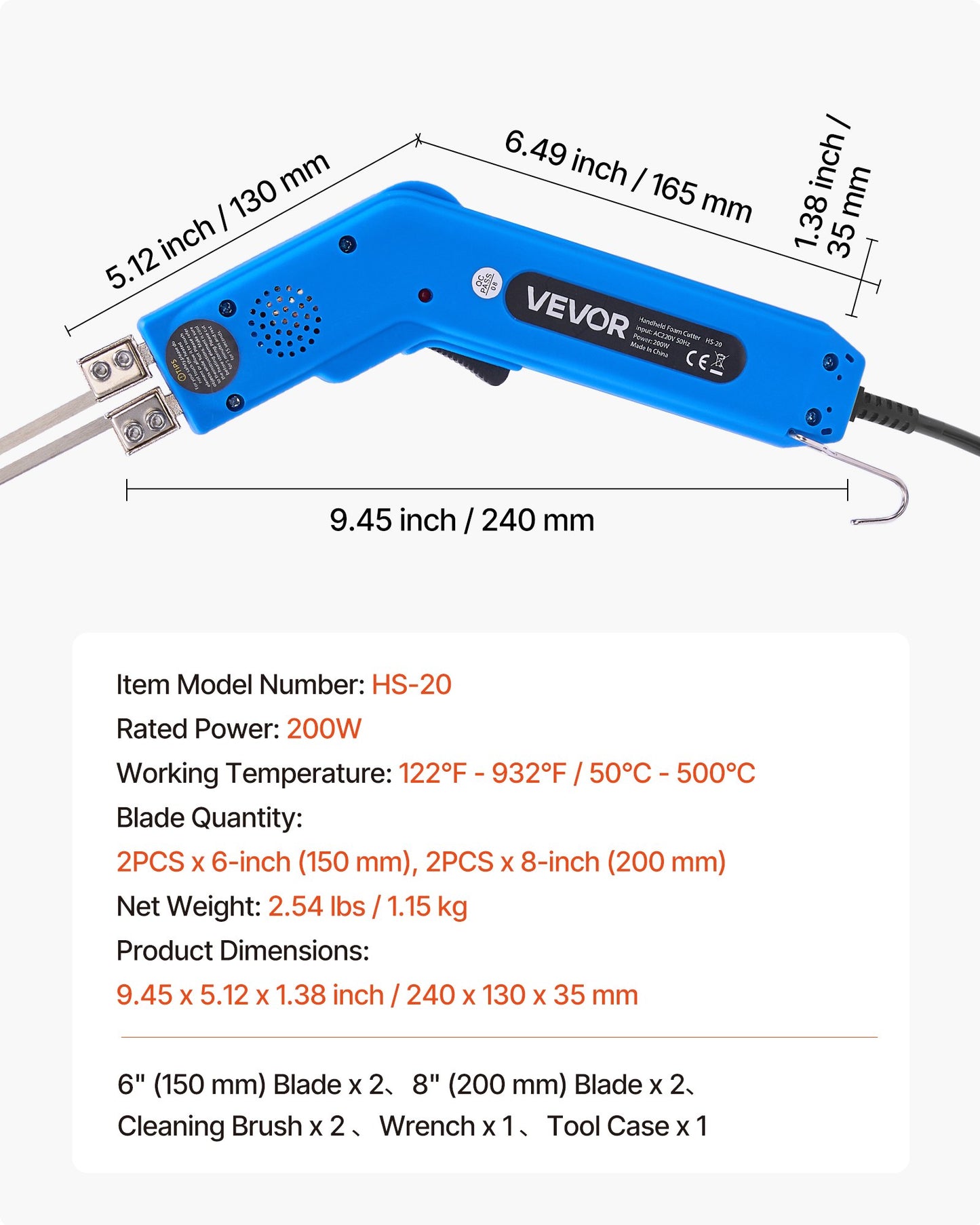 Hot Knife Foam Cutter, 200W Electric Foam Cutting Tool, 50℃ - 500℃ Adjustable Styrofoam Cutter with 150mm & 200mm Cutting Blades for KT Board, Polyethylene, Sponge, Rubber - Tool Box Included