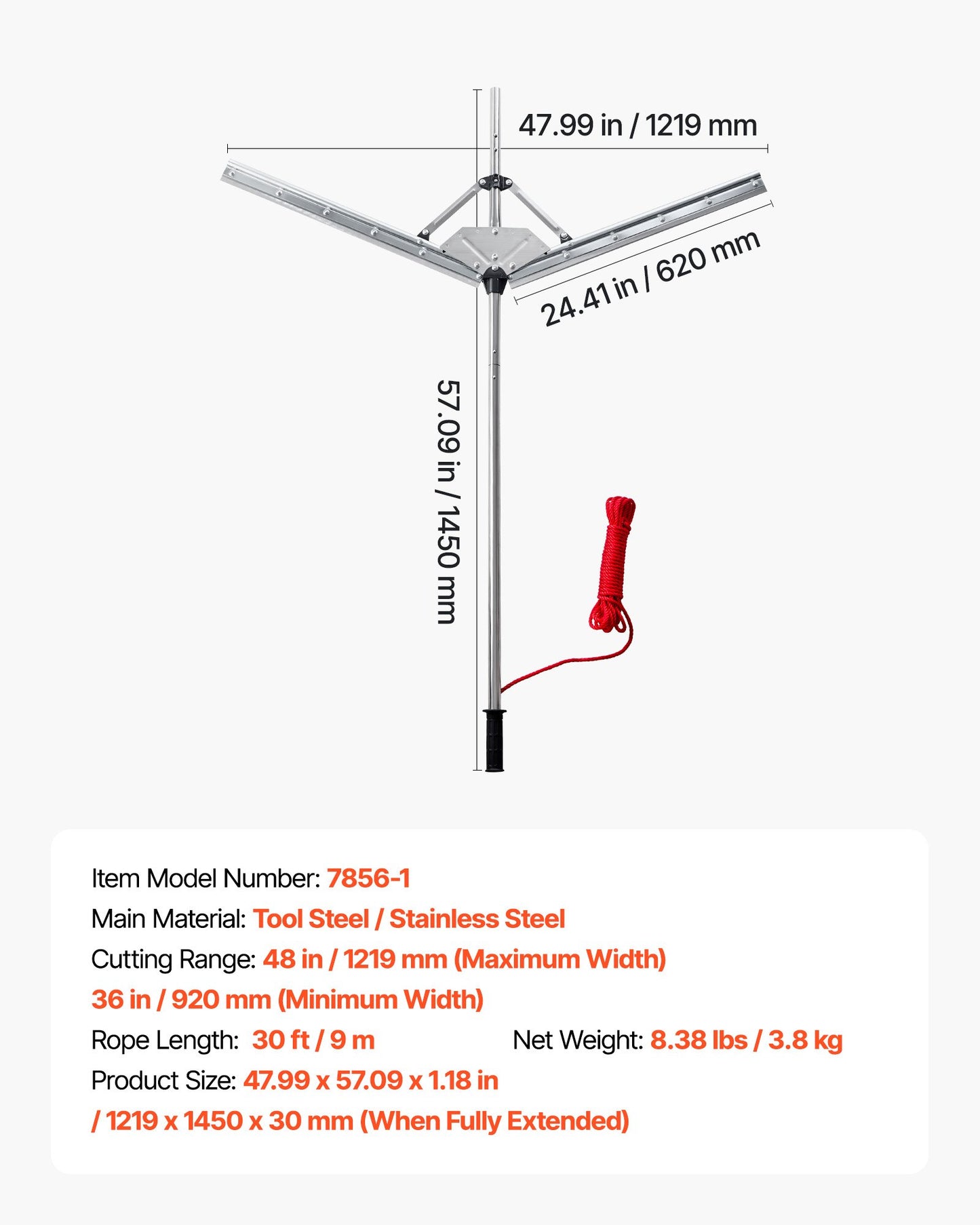 Lake Weed Cutter, Pond Aquatic Plant Cutting Tool with 1.21 m Max. Cut Width, Sharp and Heavy-Duty Steel Blades, Pond Rake with 9 m Throw Rope, for Cattail, Phragmites, Lilly Pads and Chara