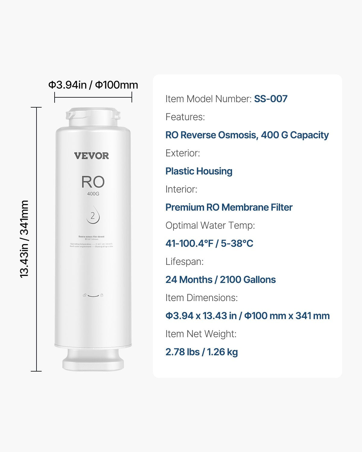 Omvänd osmossystem, 400 GPD 9-stegs omvänd osmos vattenfilterbyte, RO-filterpatron i 24 månader, minskar bly, klor, rost, kompatibel med SS-002 vattenfilter för under diskbänken