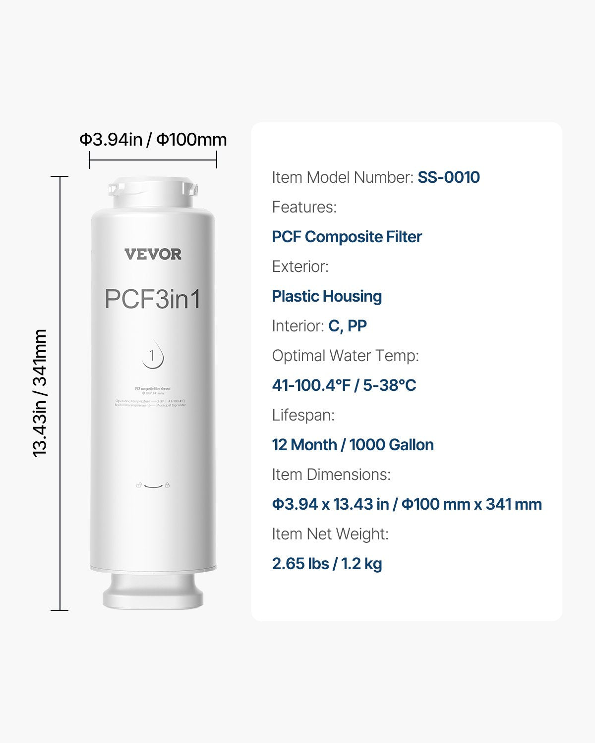 PCF Replace Filter, 6-layer PCF Composite Water Filter Replacement, PCF Composite Filter, Reduces Chlorine & Odor, Compatible with Under Sink Water Filter System SS-001, SS-003 & SS-005