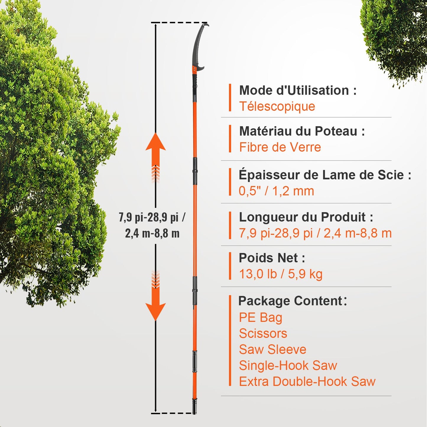 Manual Pole Saw, 2.2-8.2 m Extendable Tree Pruner, Sharp Steel Blade and Scissors High Branches Trimming, Branch Trimmer with Lightweight 2.4 m Fiberglass Handles, for Pruning Palms and Shrubs