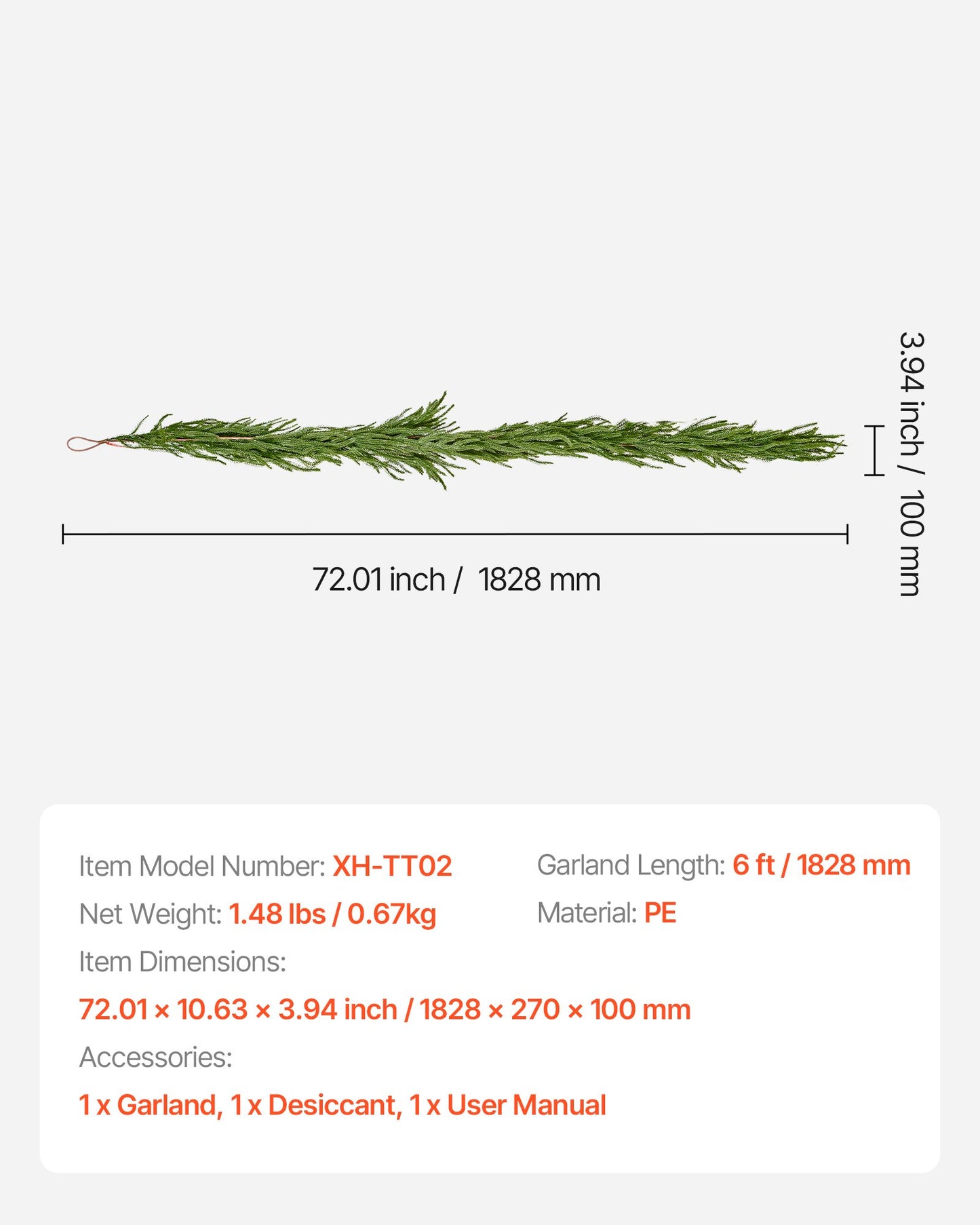 Julgirlang, 1828 mm realistisk girlang av norfolkfuru, vintergröna konstgjorda girlanger med äkta touch, för juldekoration inomhus och utomhus på bord, spiselkrans och öppen spis