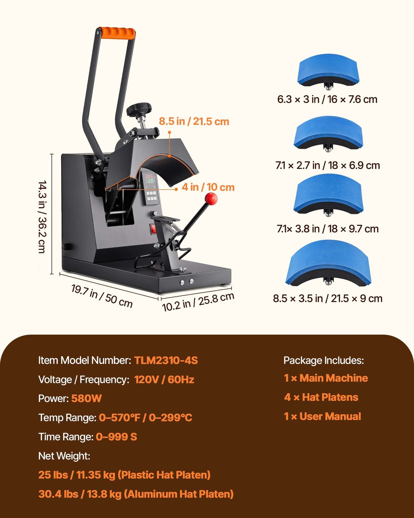 Hattvärmepress, 4-i-1-värmepressmaskin för kepsar, 15,24 x 7,6 cm clamshell-sublimeringsöverföring, LCD digital timer och temperaturkontroll med 4 st böjda värmeelement (15,24 x 7,6/17x6,86/17x6,86/20,57x8,89 cm)