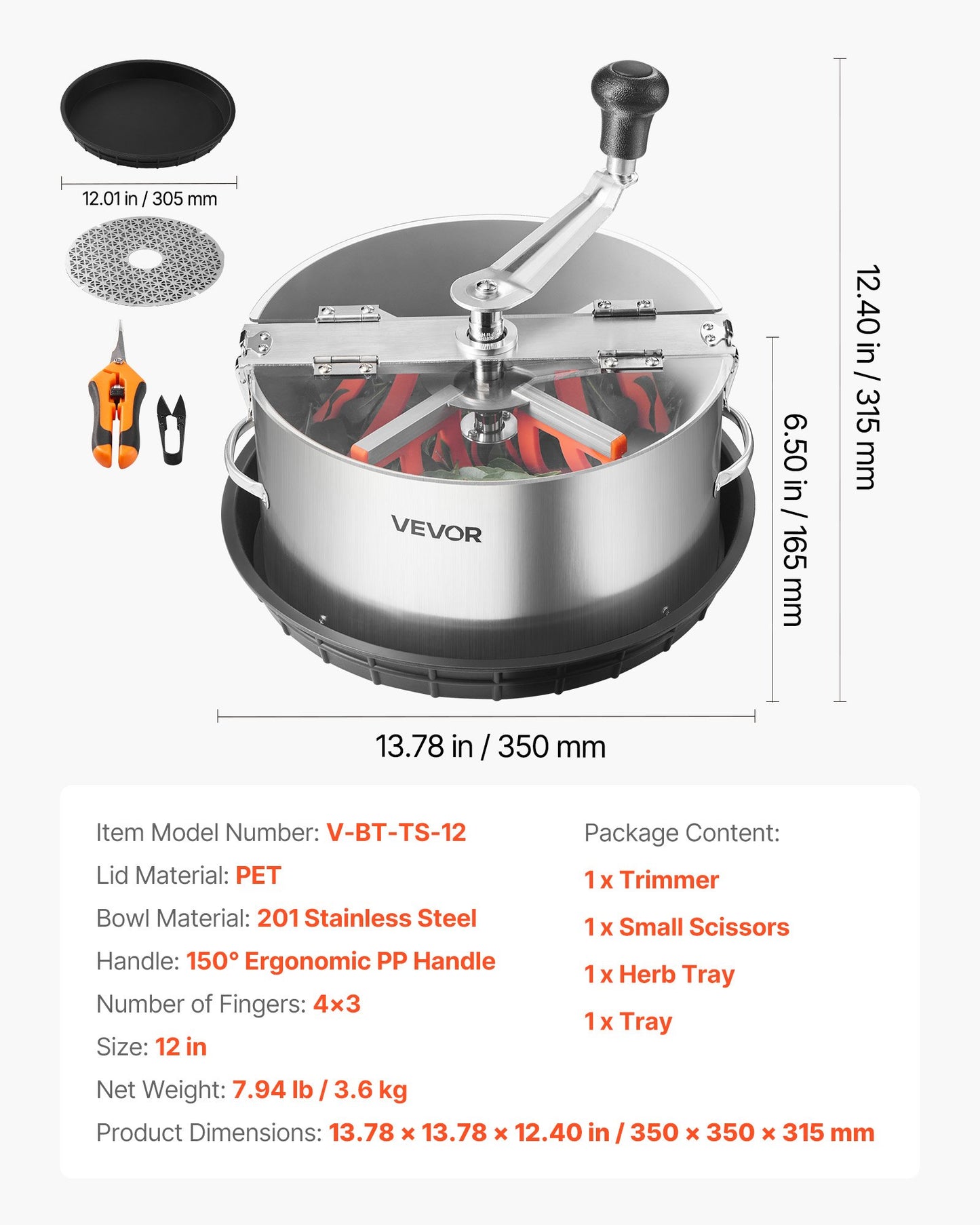 Manuell knoppbladsklippare, 300 mm knoppklippare med skördeskål och blad i rostfritt stål, visuell skärning, våt- och torrskärmaskin för hydroponisk skärning med bricka, vridet spinnskär för växtknoppar och blommor