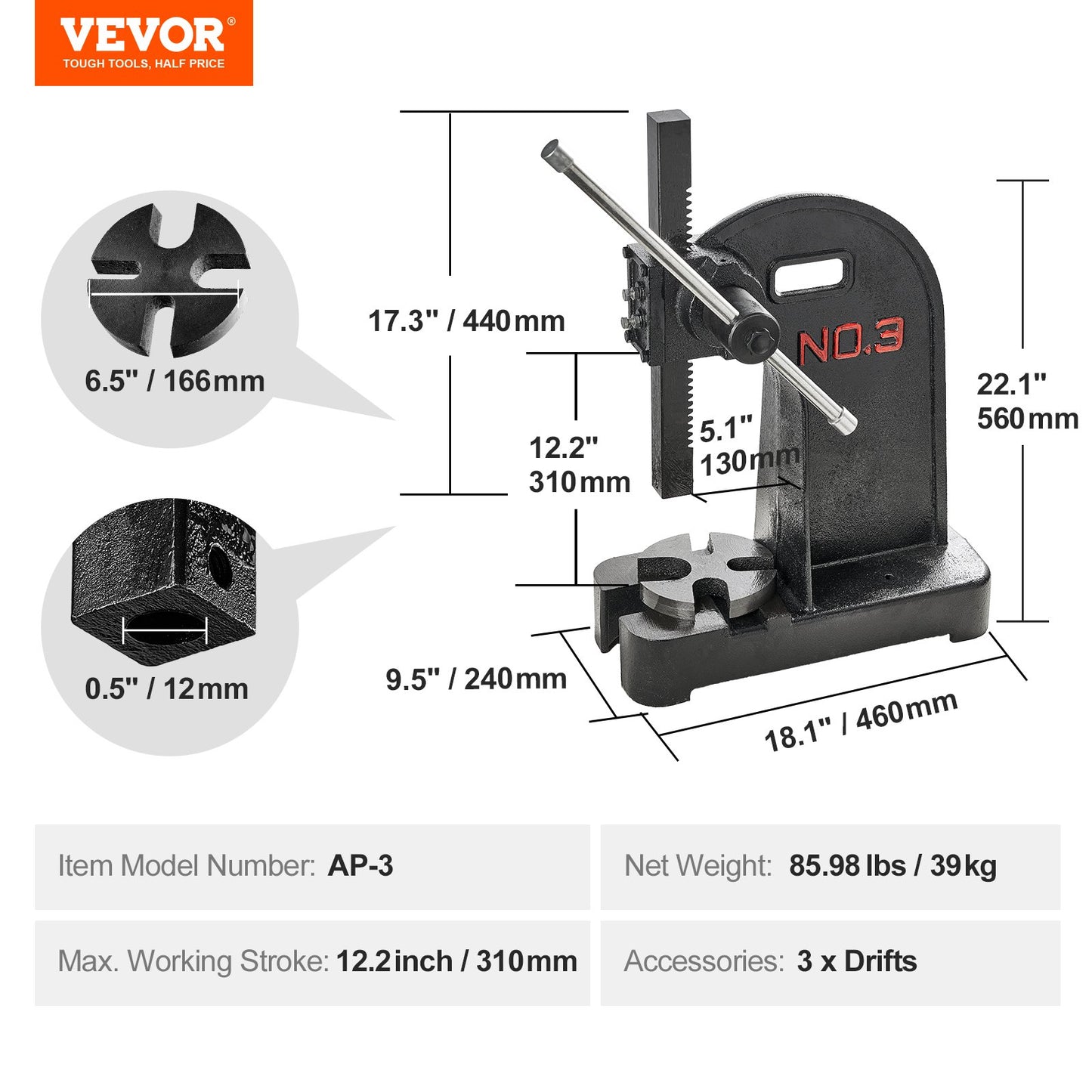 Arbor Press, 3 Ton Manual Arbor Press, 310 mm Maximum Height, Cast Iron Heavy-duty Manual Desktop Arbor Press, Precision Hand Press for Stamping, Bending, Stretching, Forming