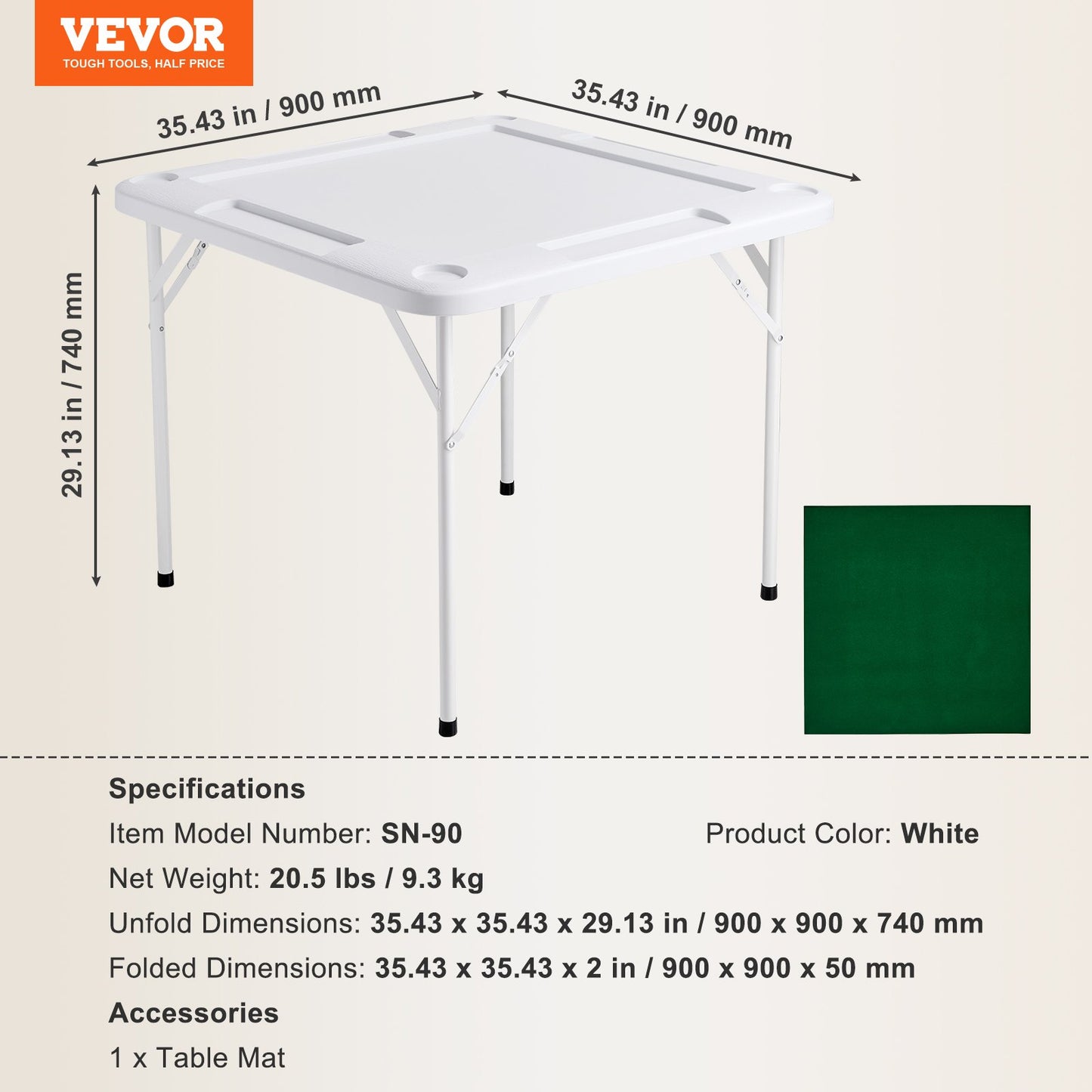 Mahjongbord, hopfällbart dominobord för 4 spelare med slitstark grön bordsskiva, bärbart fyrkantigt kortbord med 4 mugghållare och 4 markerbrickor för Mahjong-pokerpussel, 35,4 x 35,4 tum
