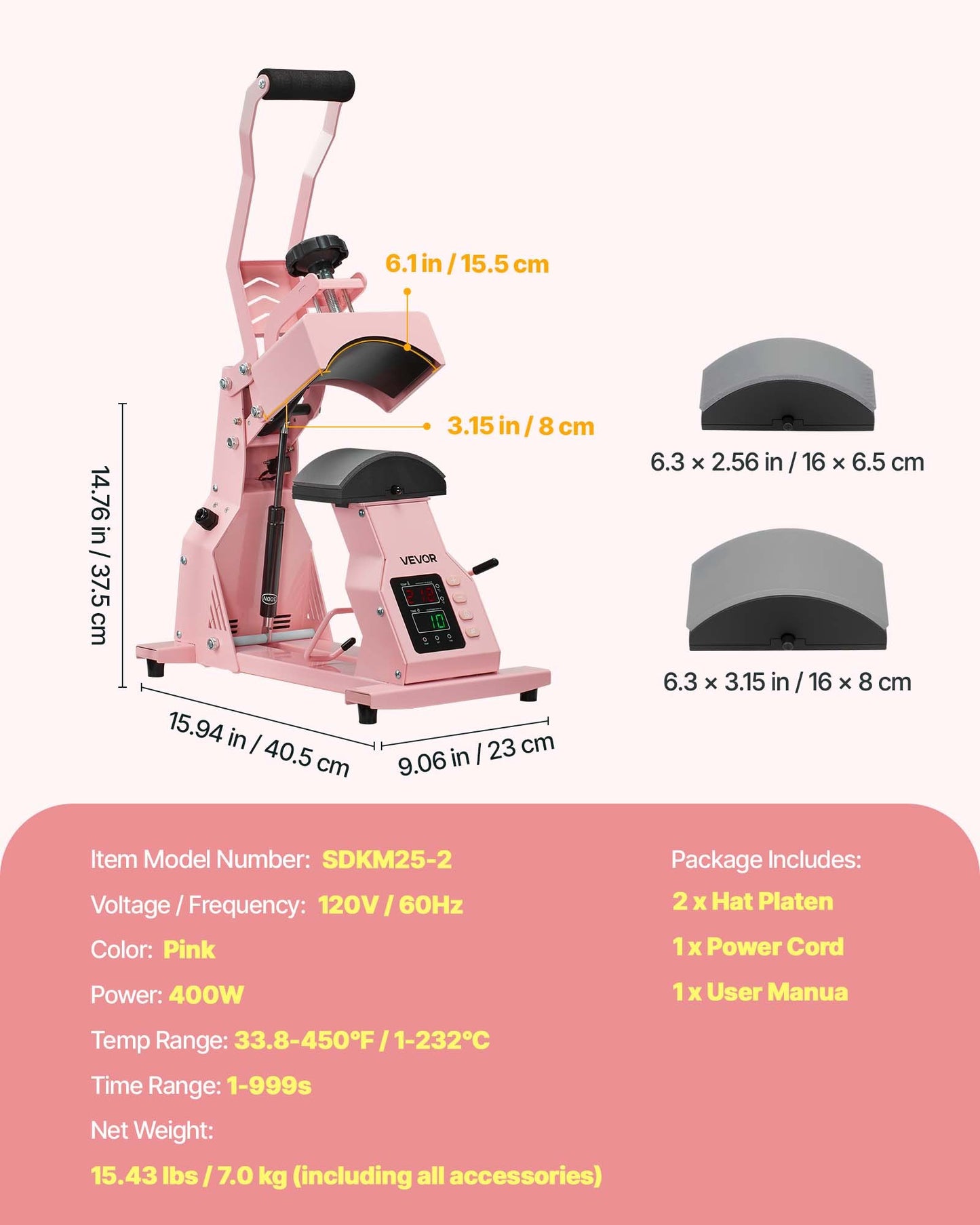 Hat Heat Press Machine, with 2pcs Interchangeable Platens, Precise Temperature and Time Control, Hat Press for HTV Iron On and Sublimation Projects, for Caps, Headbands, Cuffs, Face Masks, Pink