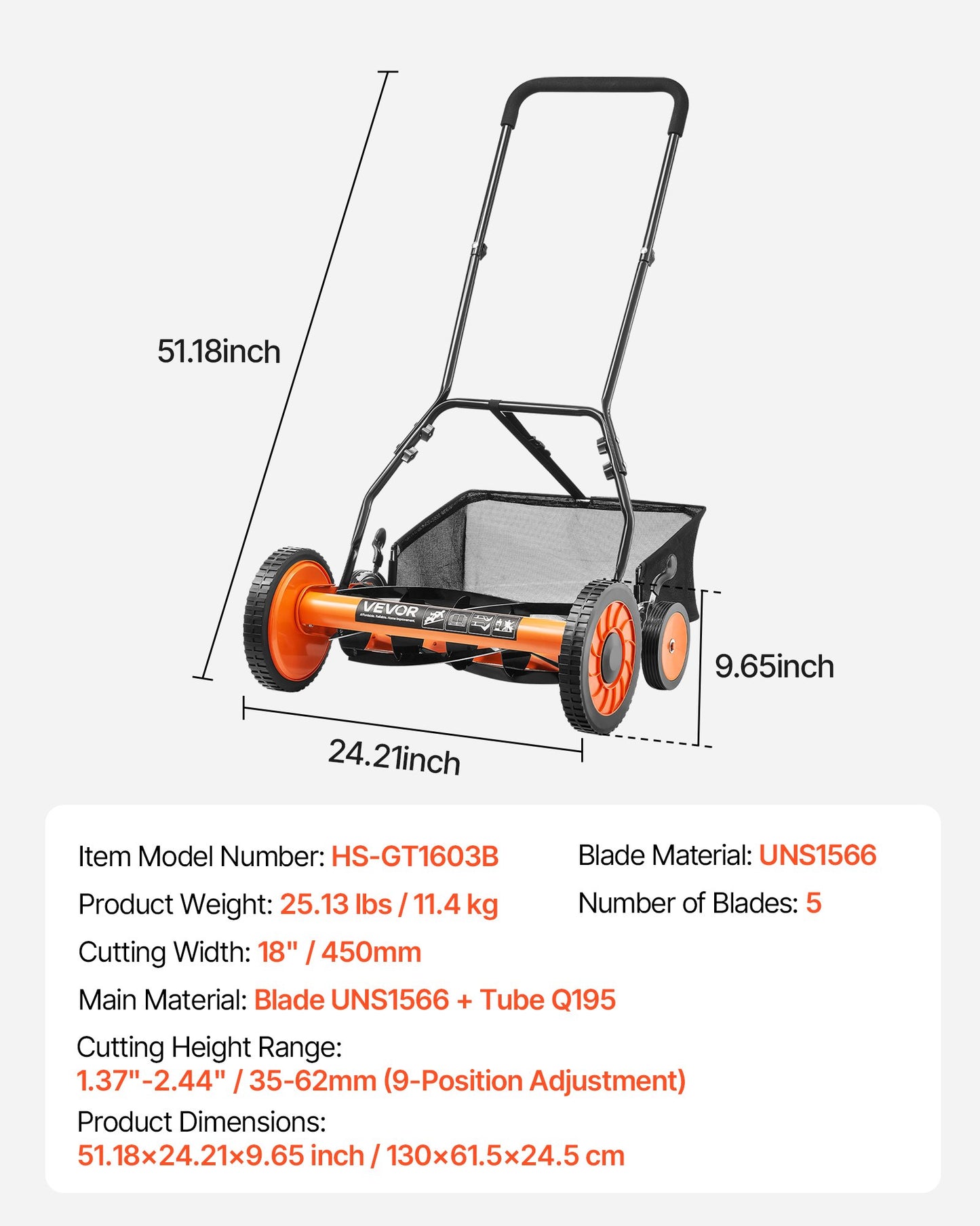 Gräsklippare med hjul 45 cm, 5 knivar, manuell gräsklippare utan motor, 35-62 mm justerbar klipphöjd, gräsklippare med gräsuppsamlare för gröna gräsmattor, uppfarter, gårdar