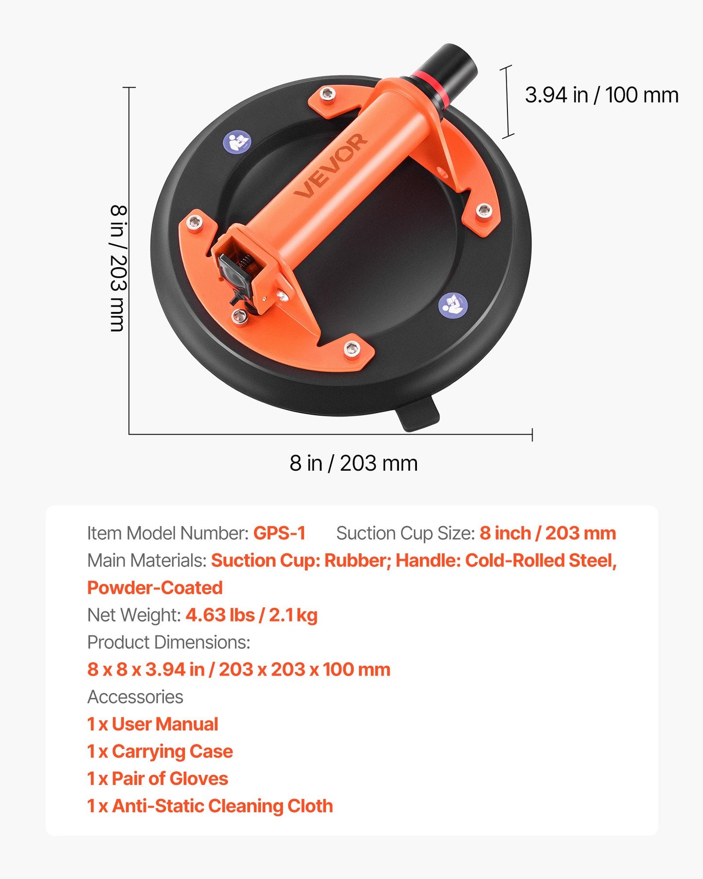Vacuum Suction Cup, 203 mm Vacuum Glass Lifter with Metal Handle, 195 kg Max Lifting Capacity Tile Suction Cup Tool with Carrying Case for Lifting Large Tile, Granite, Drywall, Windows (2-Pack)