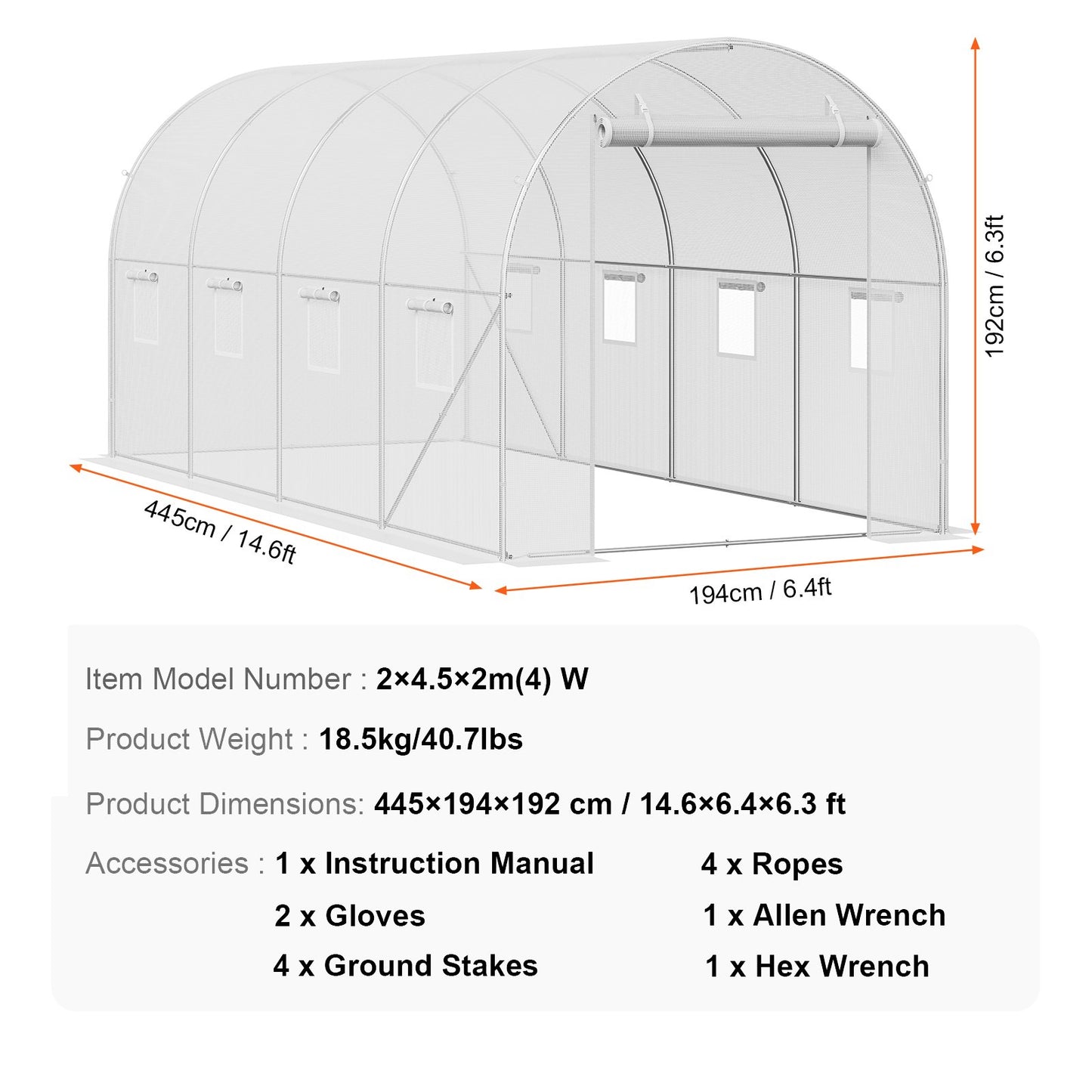 Walk-in Tunnel Greenhouse, 14.6x6.4x6.3 ft Hoop House Greenhouse Tunnel, Plant Hot House with Galvanized Steel Frame, White PE Cover, Roll-up Zipper Door and 8 Windows for Outdoor