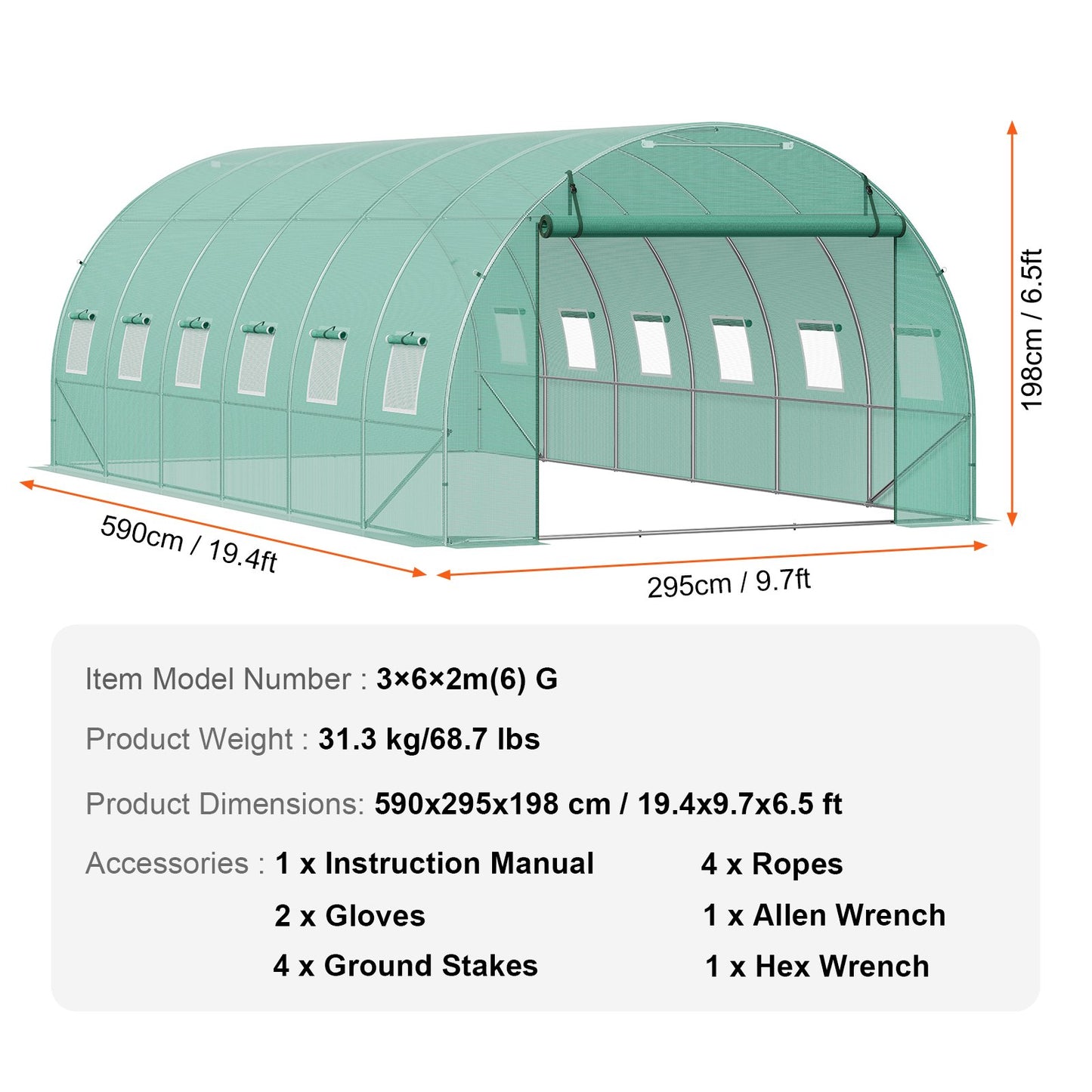 Walk-in Tunnel Greenhouse, 19.4x9.7x6.5 ft Hoop House Greenhouse Tunnel, Plant Hot House with Galvanized Steel Frame, Green PE Cover, Roll-up Zipper Door and 12 Windows for Outdoor