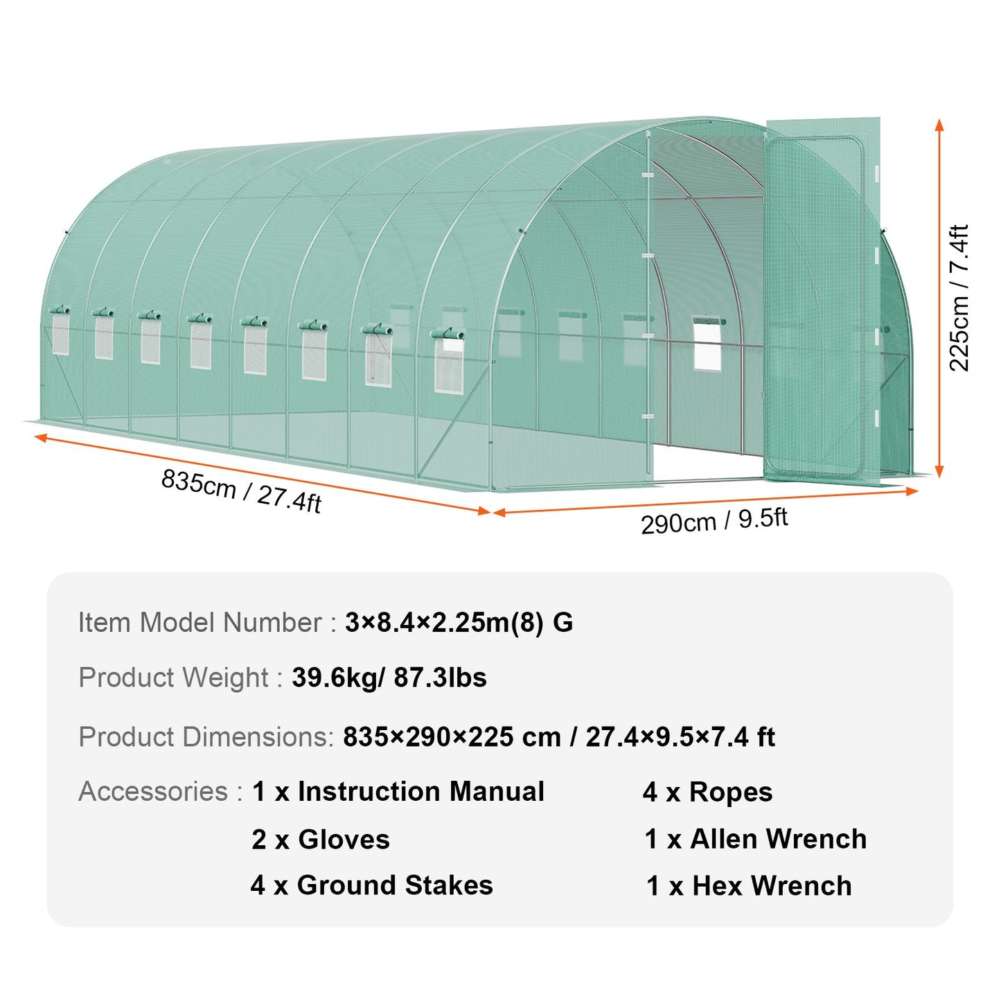 Walk-in Tunnel Greenhouse, 27.4x9.5x7.4 ft Hoop House Greenhouse Tunnel, Plant Hot House with Galvanized Steel Frame, Green PE Cover, Swing Door and 16 Roll-up Windows for Outdoor