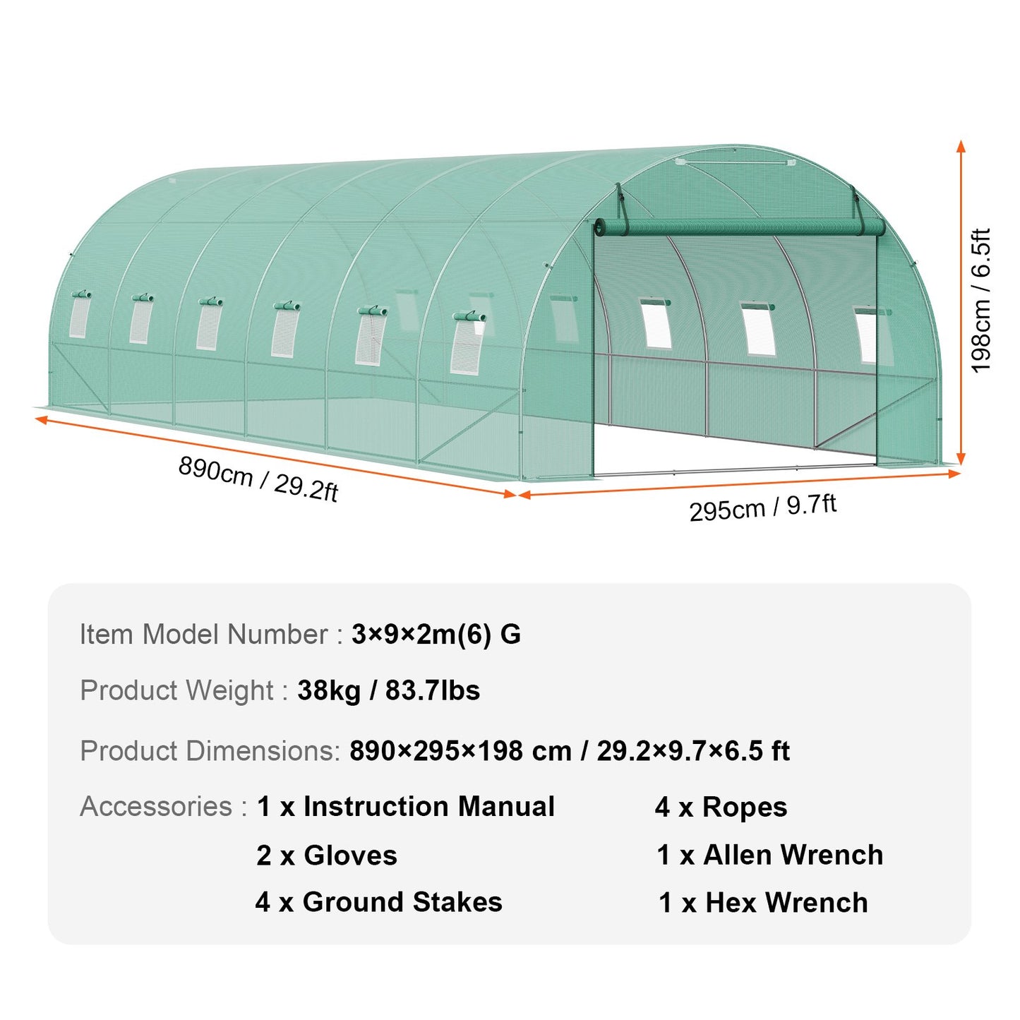 Walk-in Tunnel Greenhouse, 29.2x9.7x6.5 ft Hoop House Greenhouse Tunnel, Plant Hot House with Galvanized Steel Frame, Green PE Cover, Roll-up Zipper Door and 12 Windows for Outdoor