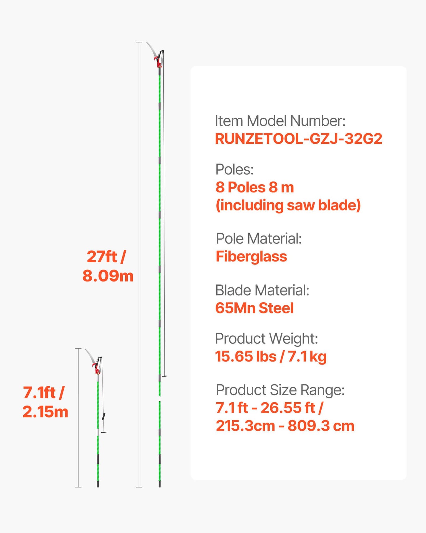 Manuell stångsåg, 118-809,3 cm utdragbar trädsekatör med sax, vasst 65Mn stålblad, lätt stång med glasfiberhandtag, för trimning av höga grenar, beskärningsverktyg för palmer och buskar