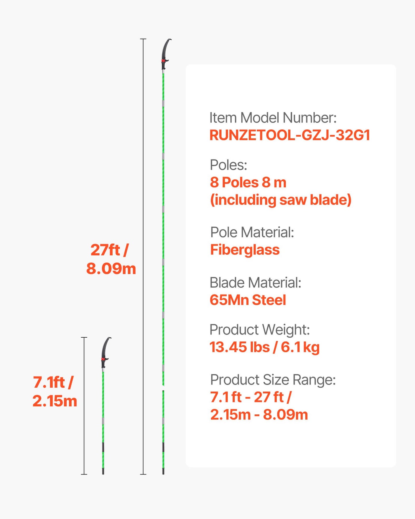 Manuell stångsåg, 118-809,3 cm utdragbar trädsekatör, vasst 65Mn stålblad, lätt stång med glasfiberhandtag, dubbelkroksåg för trimning av höga grenar, beskärningsverktyg för palmer, buskar