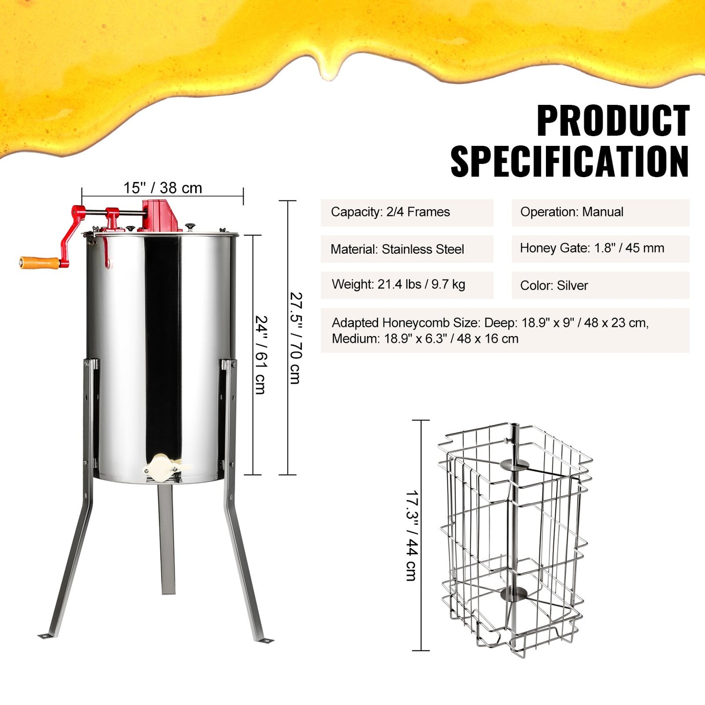 Manual Honey Extractor, 2/4 Frames Honey Spinner Extractor, Stainless Steel Beekeeping Extraction, Honeycomb Drum Spinner with Lid, Apiary Centrifuge Equipment with Height Adjustable Stand