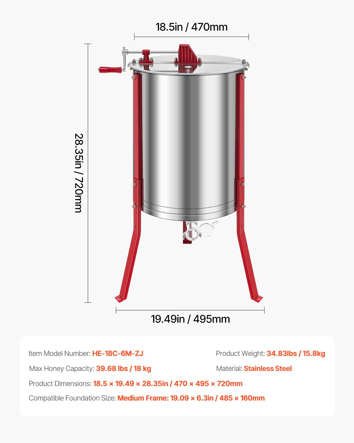 Honey Extractor, 6 Frame Manual Honey Spinner with Transparent Lid, Stainless Steel Honeycomb Drum Spinner with Height Adjustable Stand, Honeycomb Extraction Centrifuge Equipment for Beekeeping