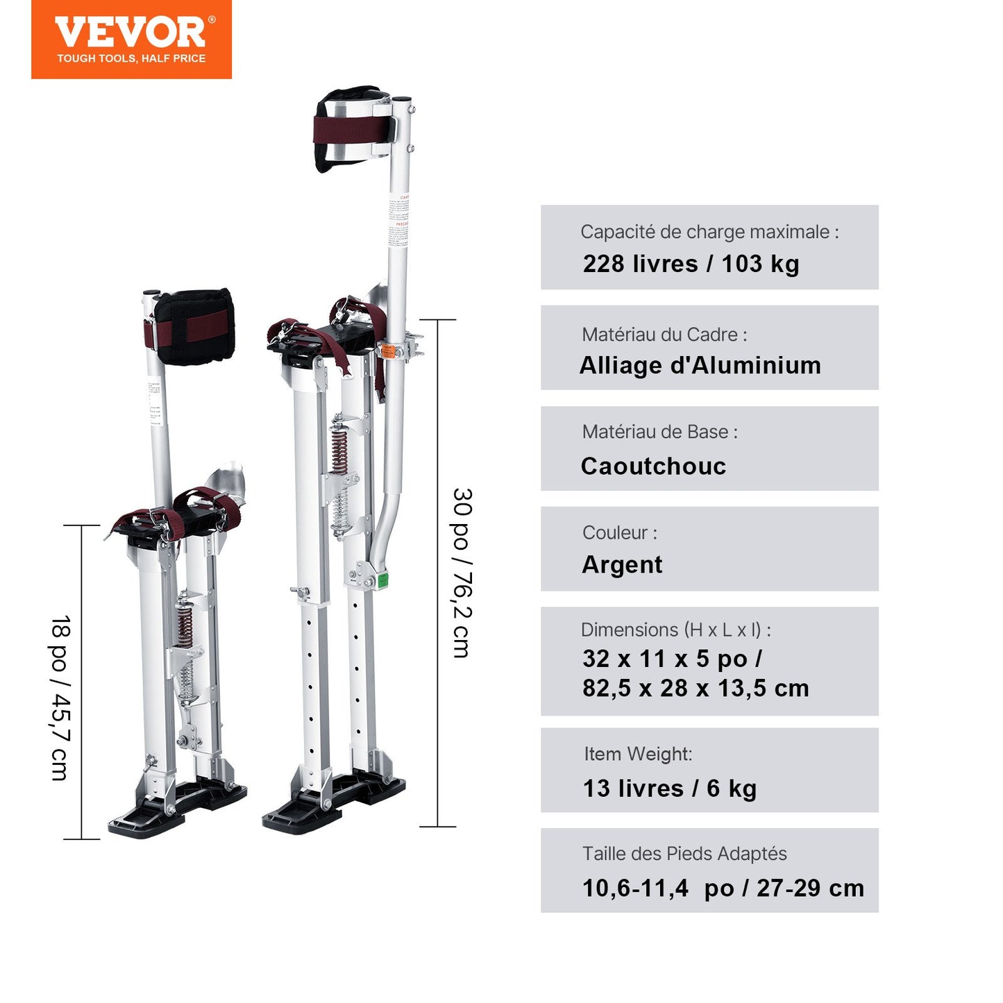 Drywall Stilts, 46 cm-76 cm Adjustable Aluminum Tool Stilts with Protective Knee Pads, Durable and Non-slip Work Stilts for Sheetrock Painting, Walking, Taping, Silver