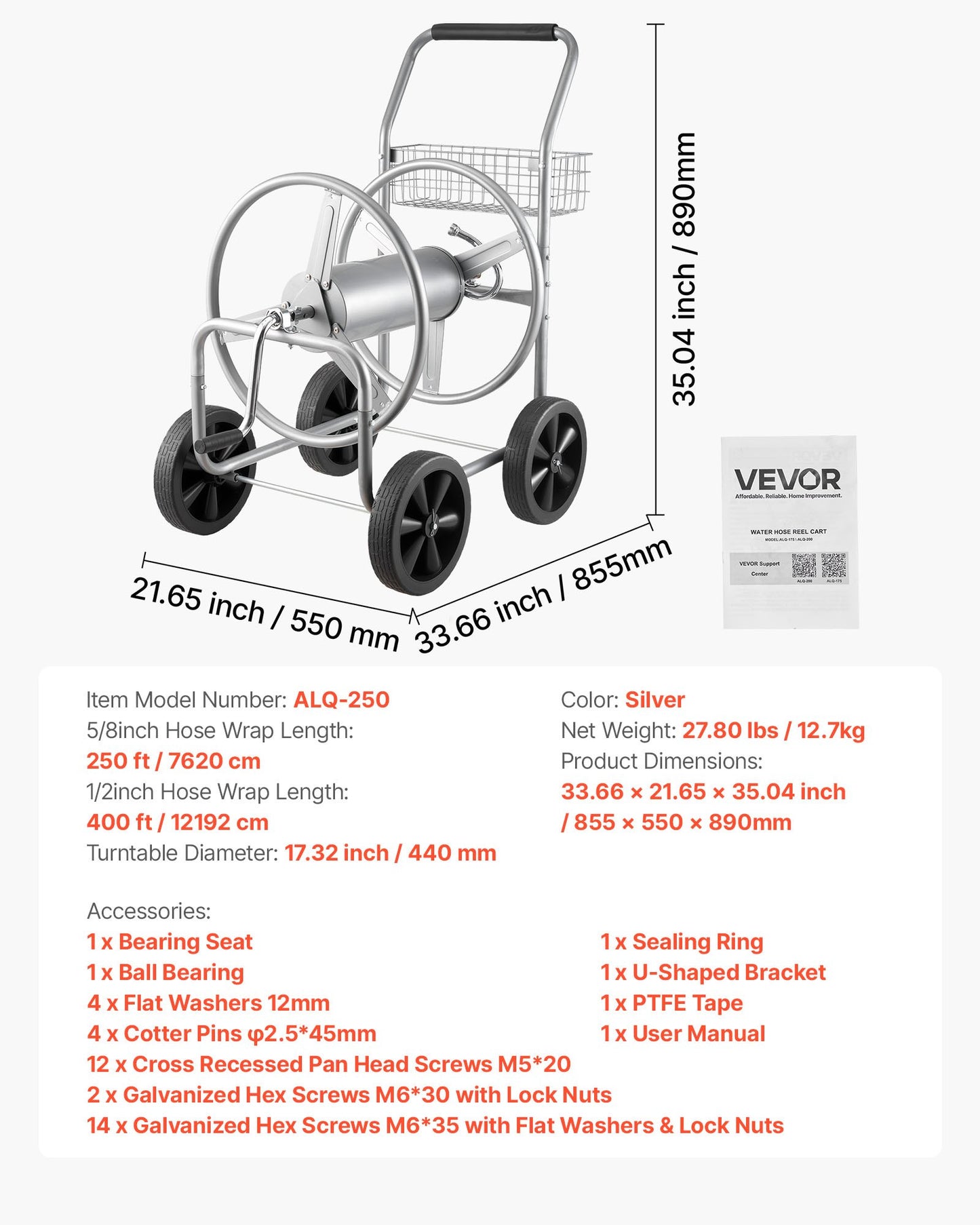 Slangvagn, rymmer upp till 76 meter 5/8'' slang, trädgårdsvattenslangvagnar mobila verktyg med 4 hjul, kraftig pulverlackerad stål för utomhusplantering med förvaringskorg, för trädgård, gård, gräsmatta