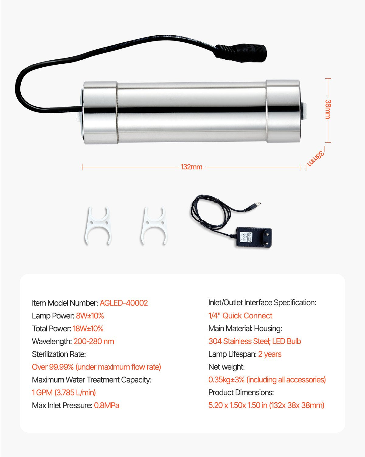 UV Water Purifier, 8W 1GPM, 220V Versatile Ultraviolet Water Purifier Filter with Stainless Steel Housing, Whole House UV Water Filter with Quartz Sleeve Fit for Shower/Drinking/Cleaning