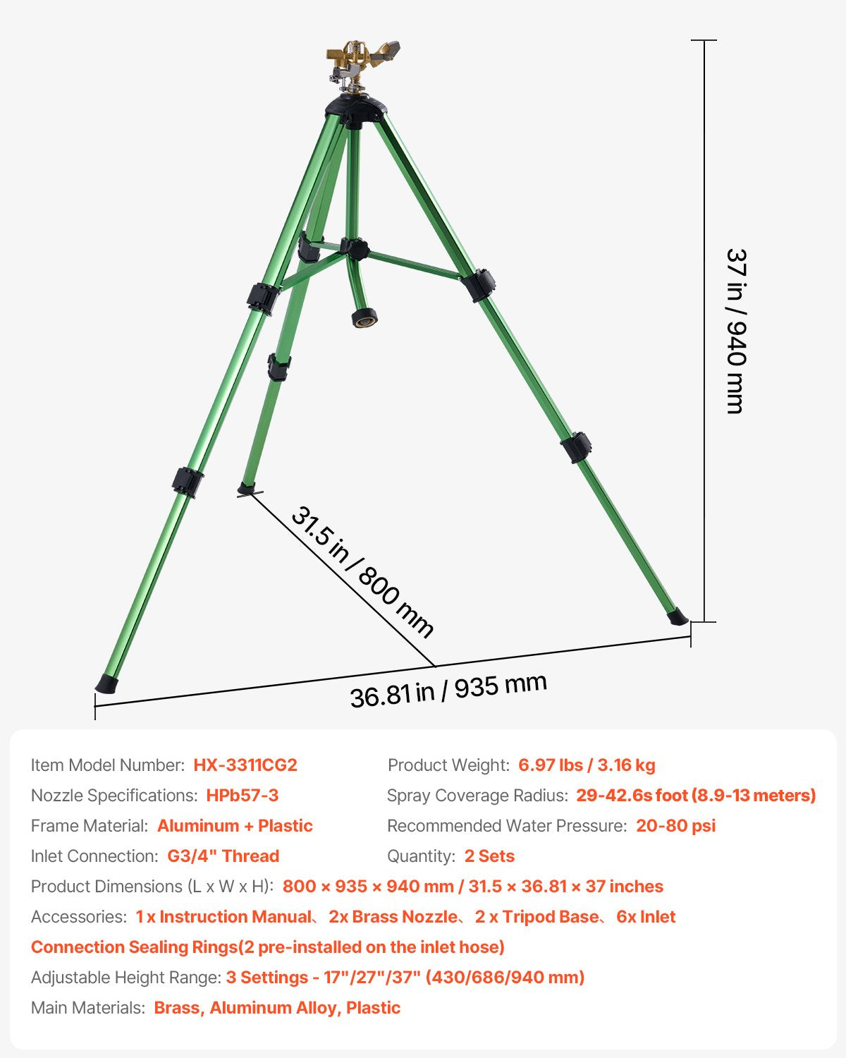 Impact Sprinkler on Tripod Base, 2 Packs, Heavy Duty Tripod Sprinklers with Brass Head & G3/4" Connector, 360 Degree Large Area Irrigation Sprinkler, Adjustable Heights Sprinkler for Yard