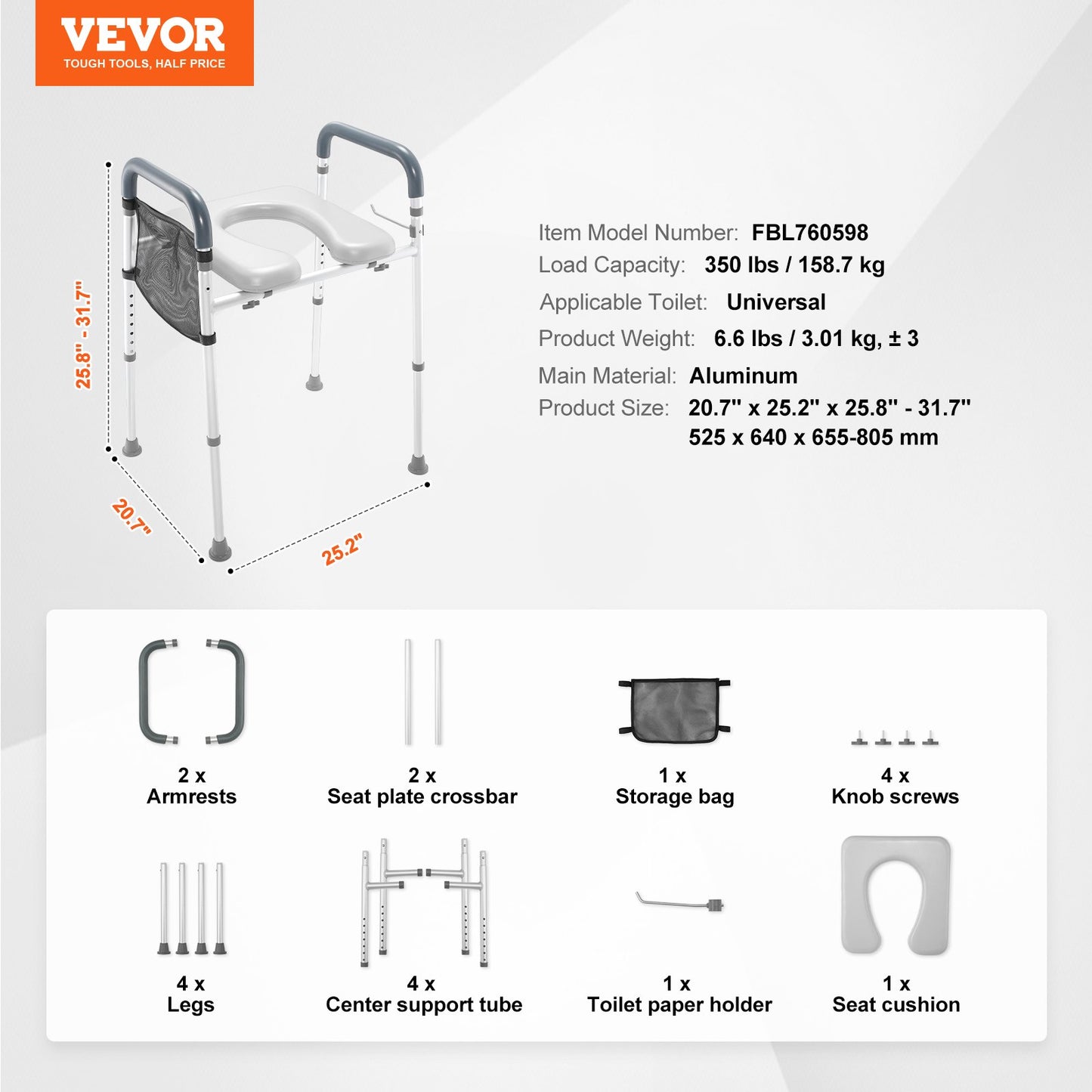 Raised Toilet Seat, 7-Position Height Adjustment 490 - 640 mm, 158.7 kg Weight Capacity, with Comfort Padded Aluminum Frame, Universal Toilet Seat Riser, for Elderly, Handicap, Pregnant, Medical