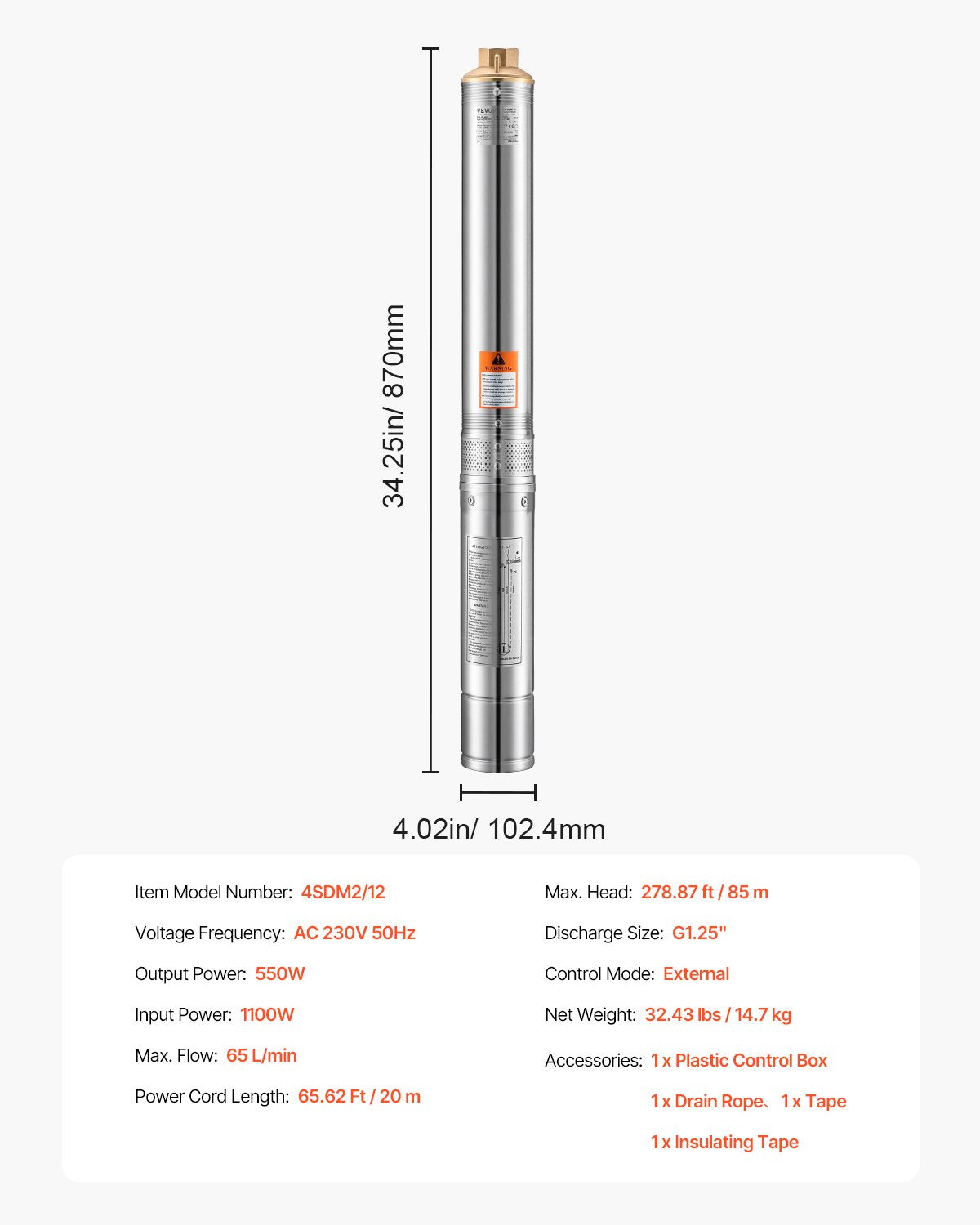 Dränkbar djupbrunnspump, 550 W uteffekt, 230 V, 65 l/min flöde 85 m (279 fot) tryckhöjd, med 20 m (65,62 fot) sladd, extern kontrollbox, vattenpump i rostfritt stål, för industriell bevattning och hemmabruk, IP68