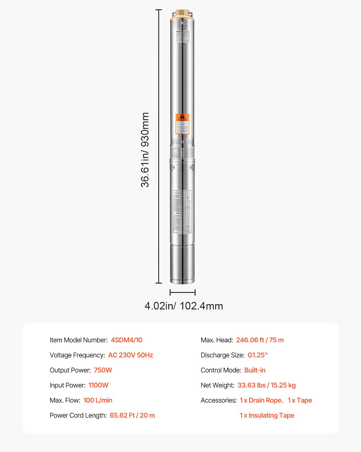 Dränkbar djupbrunnspump, 750 W uteffekt, 230 V, 100 l/min flöde, 75 m (246 fot) tryckhöjd, med 20 m (65,62 fot) sladd, vattenpump i rostfritt stål, för industriell bevattning och hemmabruk, IP68 vattentät klass