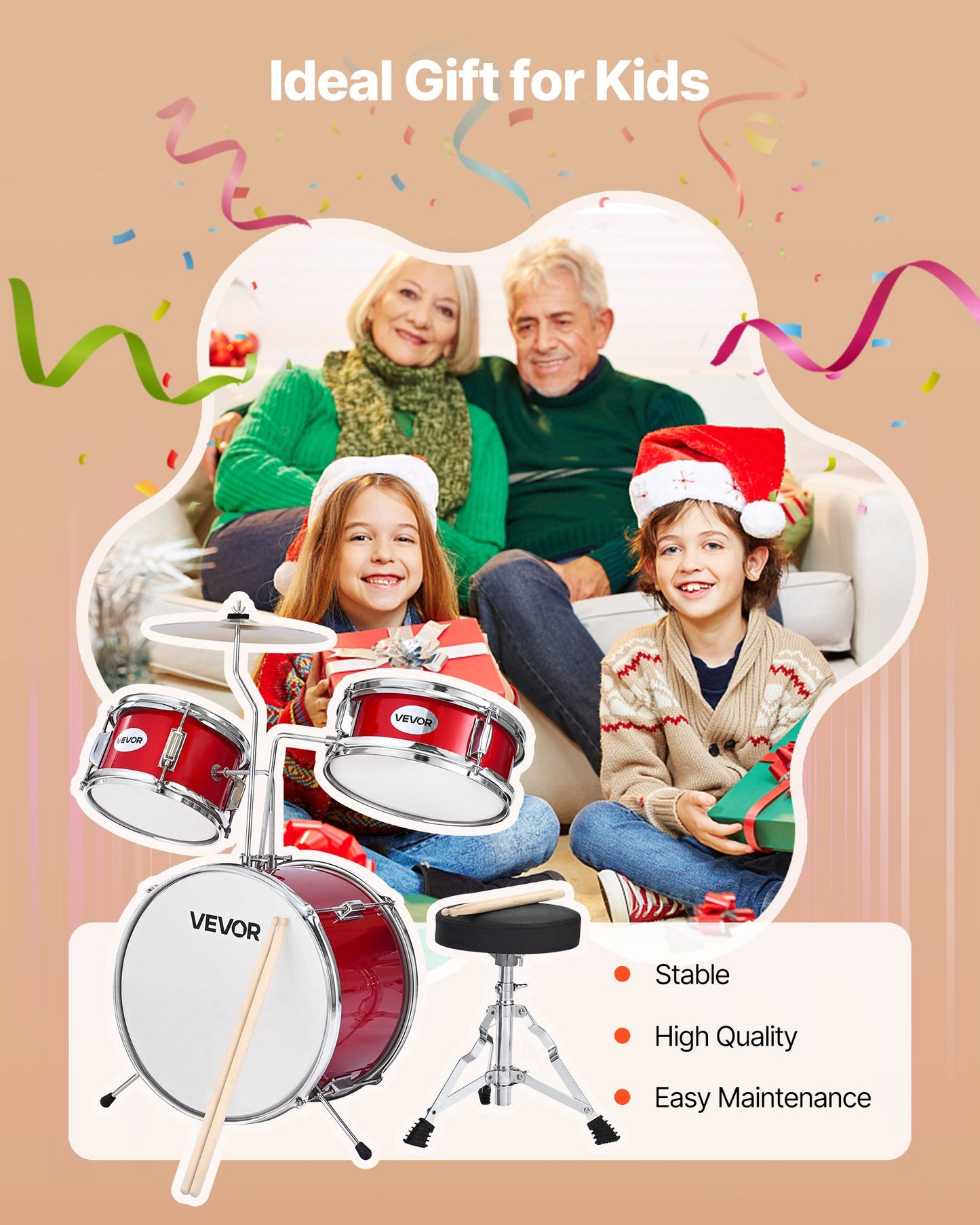 Kids Drum Set, 3-Piece 14 in / 355.6 mm Junior Drum Sets, Beginner Drums Set with Adjustable Throne and Two Pairs of Drumsticks, Musical Learning Drums Instruments Kit, for Children Ages 6-13 (Red)