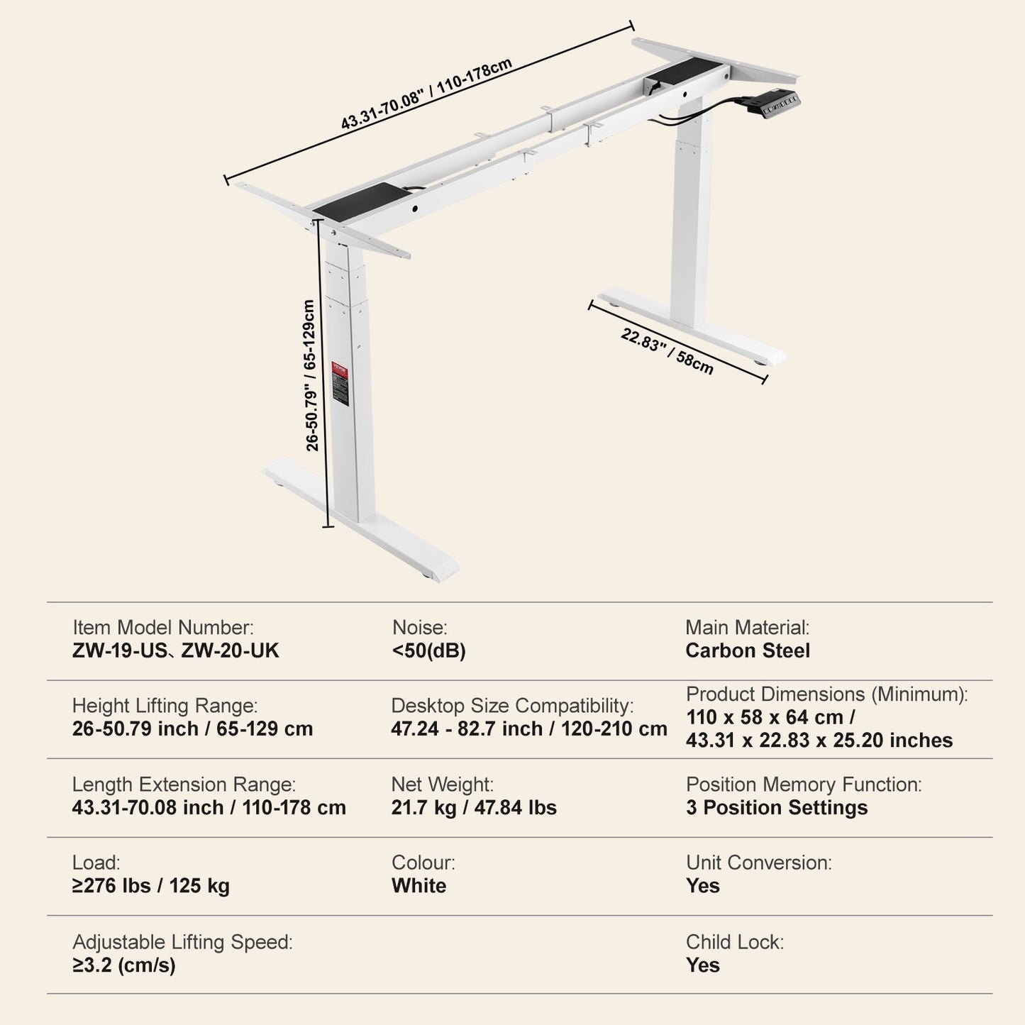 Electric Standing Desk Frame Dual Motor Adjustable 66-129cm H White