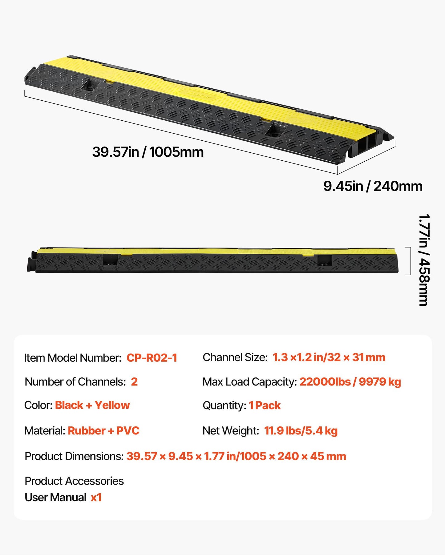 Kabelskyddsramp, 9 979 kg/axelkapacitet, 2-kanals kraftig gummisnöre, slangskydd för vajer, 32 x 31 mm kanal, farthinder med öppningsbart toppskydd, för inomhusbruk och utomhusbruk, 1-pack