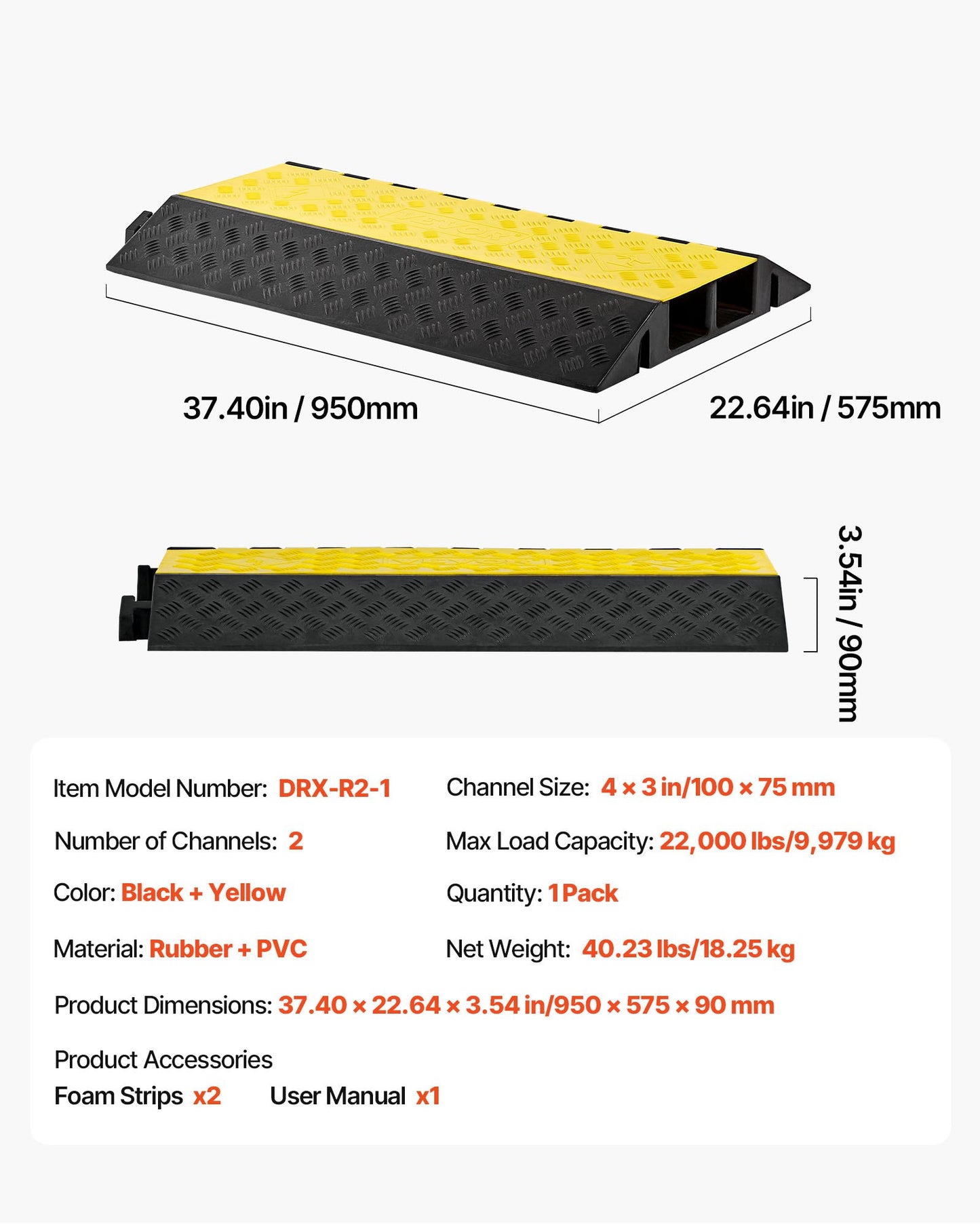 Kabelskyddsramp, 9 979 kg/axelkapacitet, 2-kanals kraftigt gummisnöre, slangskydd för slang, 100 x 75 mm kanal, farthinder med öppningsbart topplock, för inomhusbruk och utomhusbruk, 1-pack